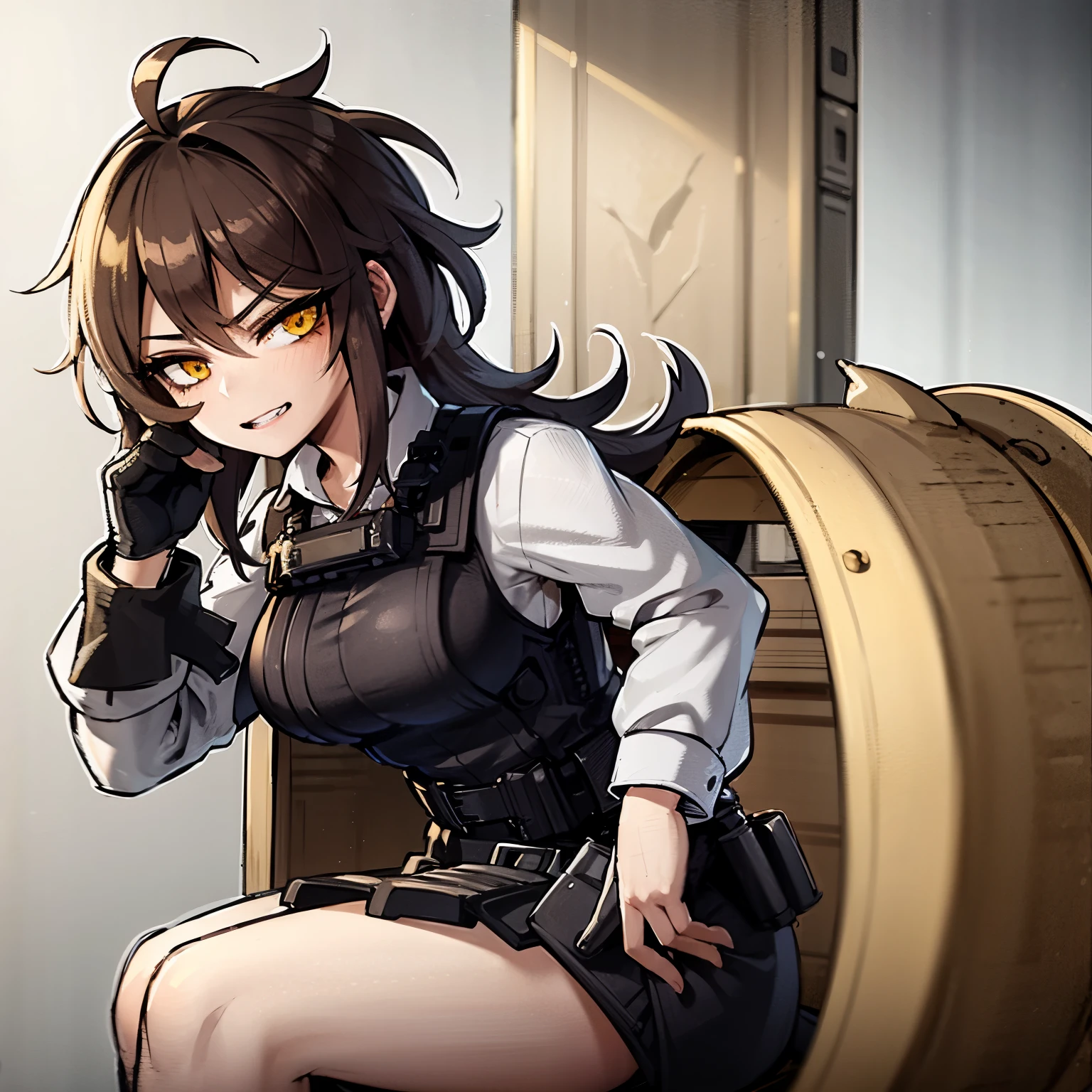 (well done:1)woman, short wavy brown hair, black eyes, black beanie with gray stripes, gray vest with thin black stripes with a tie, white shirt underneath, black and white checkered skirt, black gloves, black boots, socks to the end of the thighs.