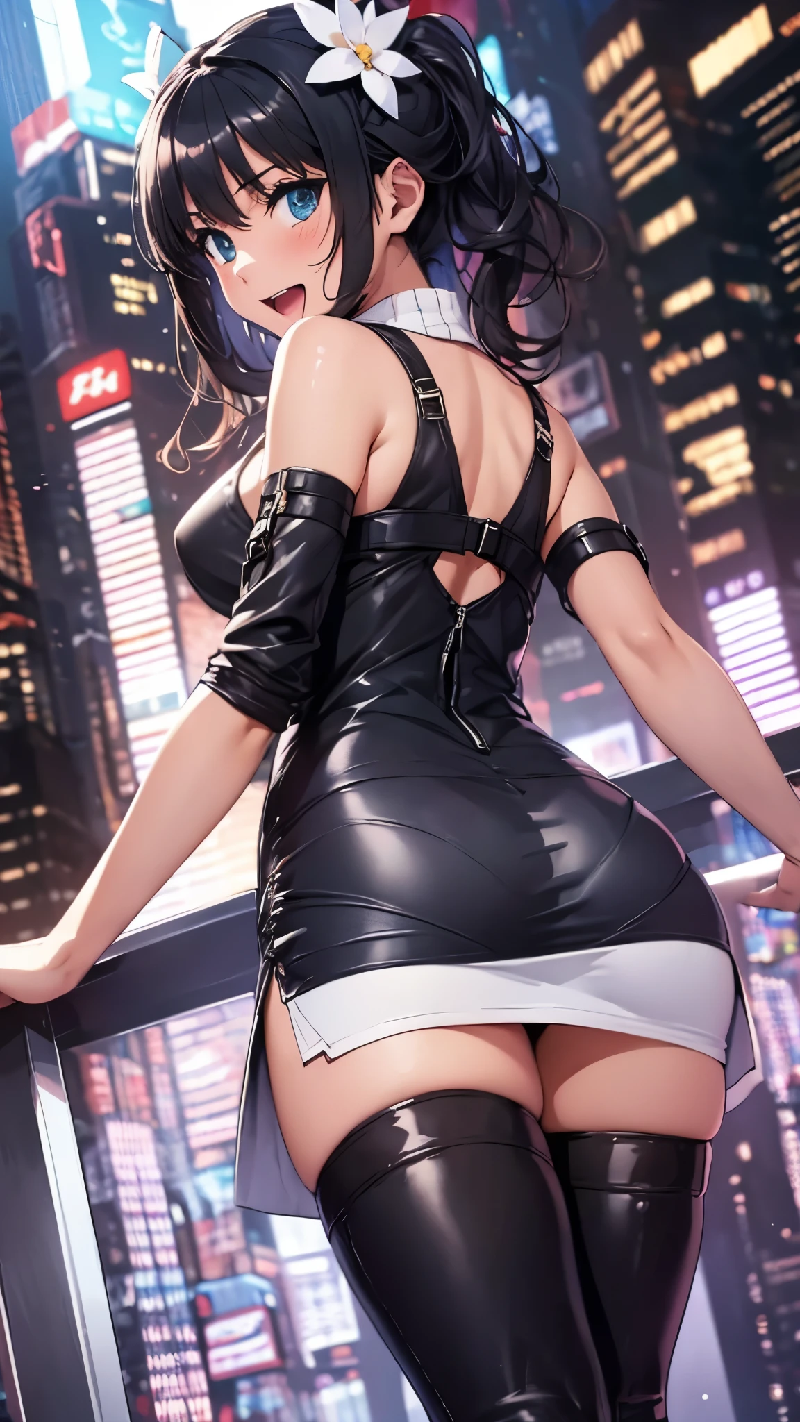 woman,14 years old,,city,night,(((white and blue tight miniskirt bodysuit))),,open mouth smile(())(See-through),(()),((Saten Ruiko)),blush、surprised face,(leather thigh high boots),((look back))(wet with sweat)