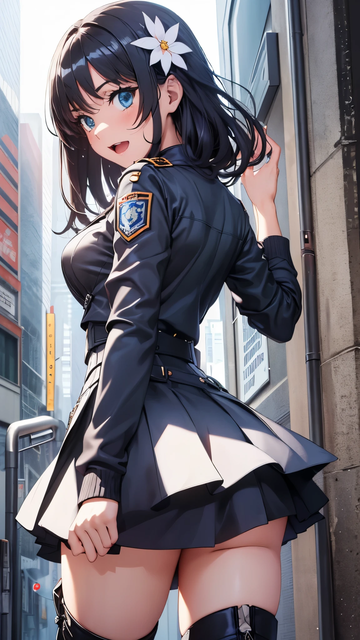 woman,,,city,night,(((white and blue tight miniskirt bodysuit))),,open mouth smile(())(See-through),(()),((Saten Ruiko)),blush、surprised face,(leather thigh high boots),((look back))(wet with sweat)