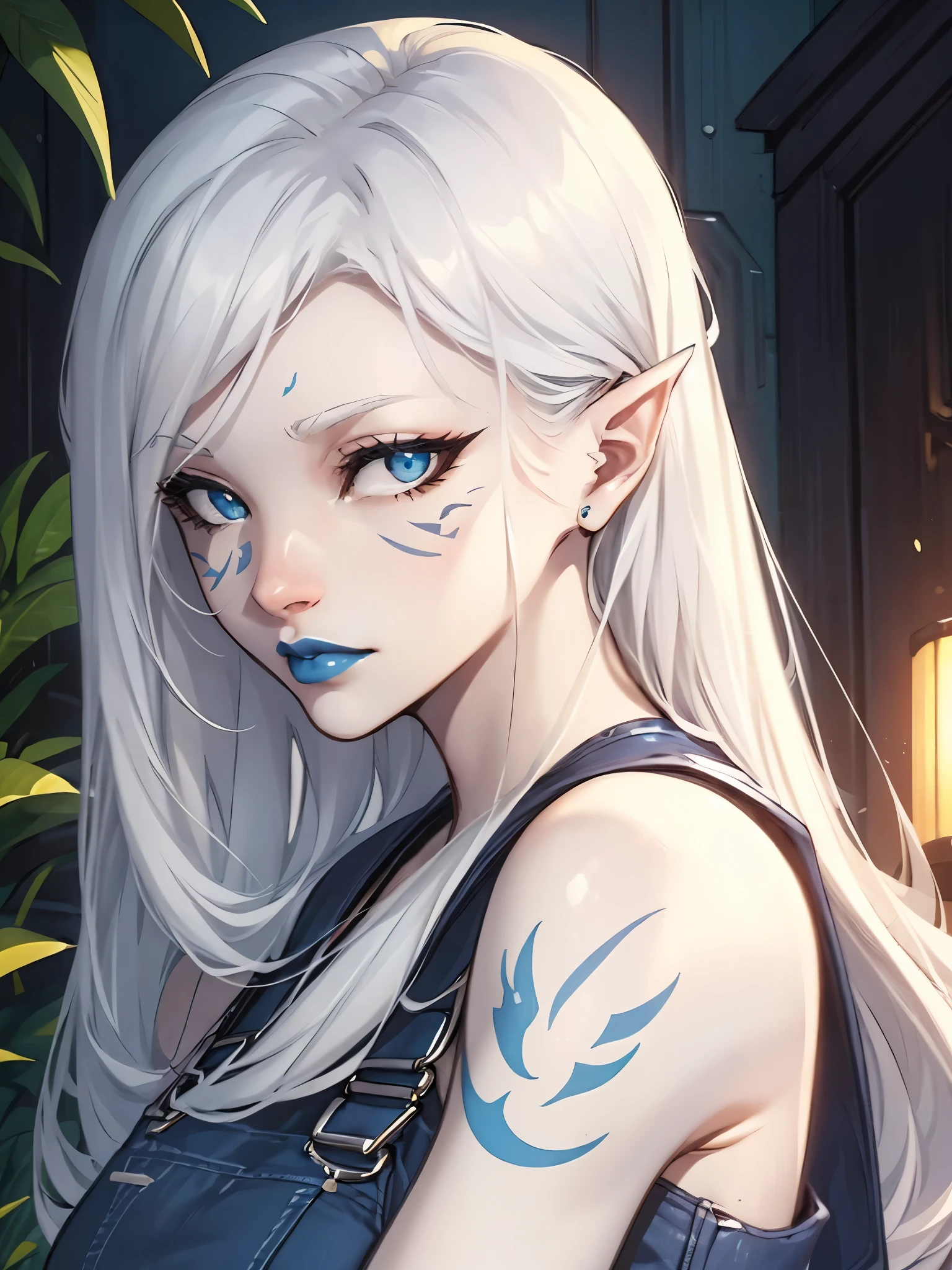 jarael, pale blue skin, long white hair, ((blue lips)), facial tattoos, shoulder tattoos, naked, only wearing overalls, workshop