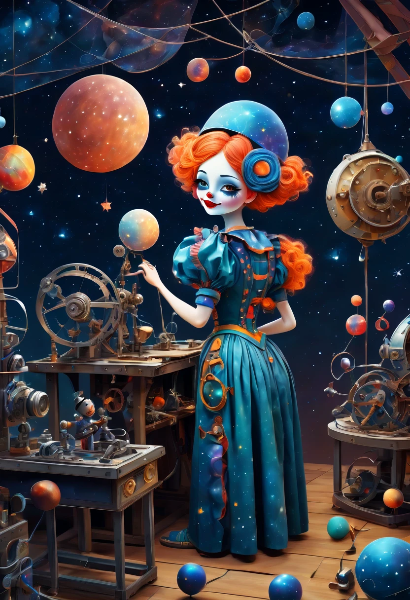 (best quality, highres, ultra sharp), scene of a mechanical woman in a workshop fixing magical mechanical (clown "puppets"), about the curvature of space time, working, art deco, zentangle, full colored,3d crunch, cinematic, starry sky printed clothes,