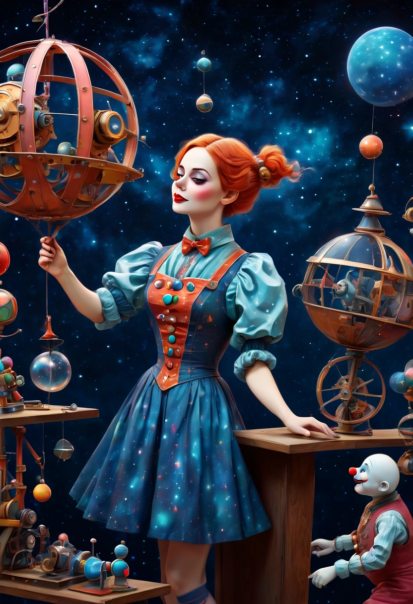 (best quality, highres, ultra sharp), scene of a mechanical woman in a workshop fixing magical mechanical (clown puppets), about the curvature of space time, working, art deco, zentangle, full colored,3d crunch, cinematic, starry sky printed clothes,
