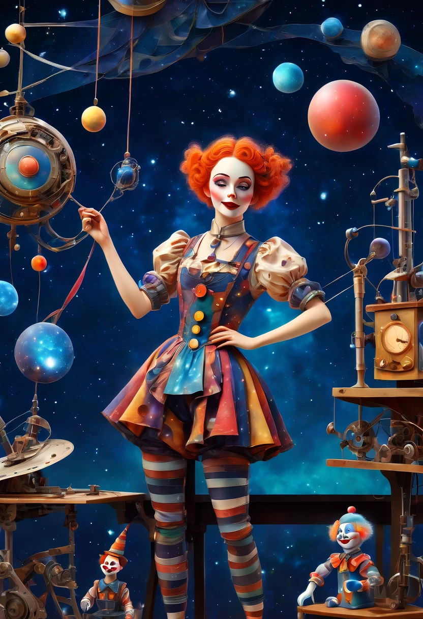 (best quality, highres, ultra sharp), scene of a mechanical woman in a workshop fixing magical mechanical (clown puppets), about the curvature of space time, working, art deco, zentangle, full colored,3d crunch, cinematic, starry sky printed clothes,