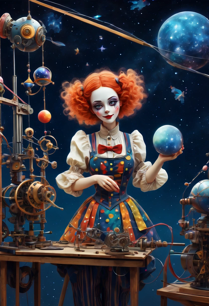 (best quality, highres, ultra sharp), scene of a mechanical woman in a workshop fixing magical mechanical (clown "puppets"), about the curvature of space time, working, art deco, zentangle, full colored,3d crunch, cinematic, starry sky printed clothes,