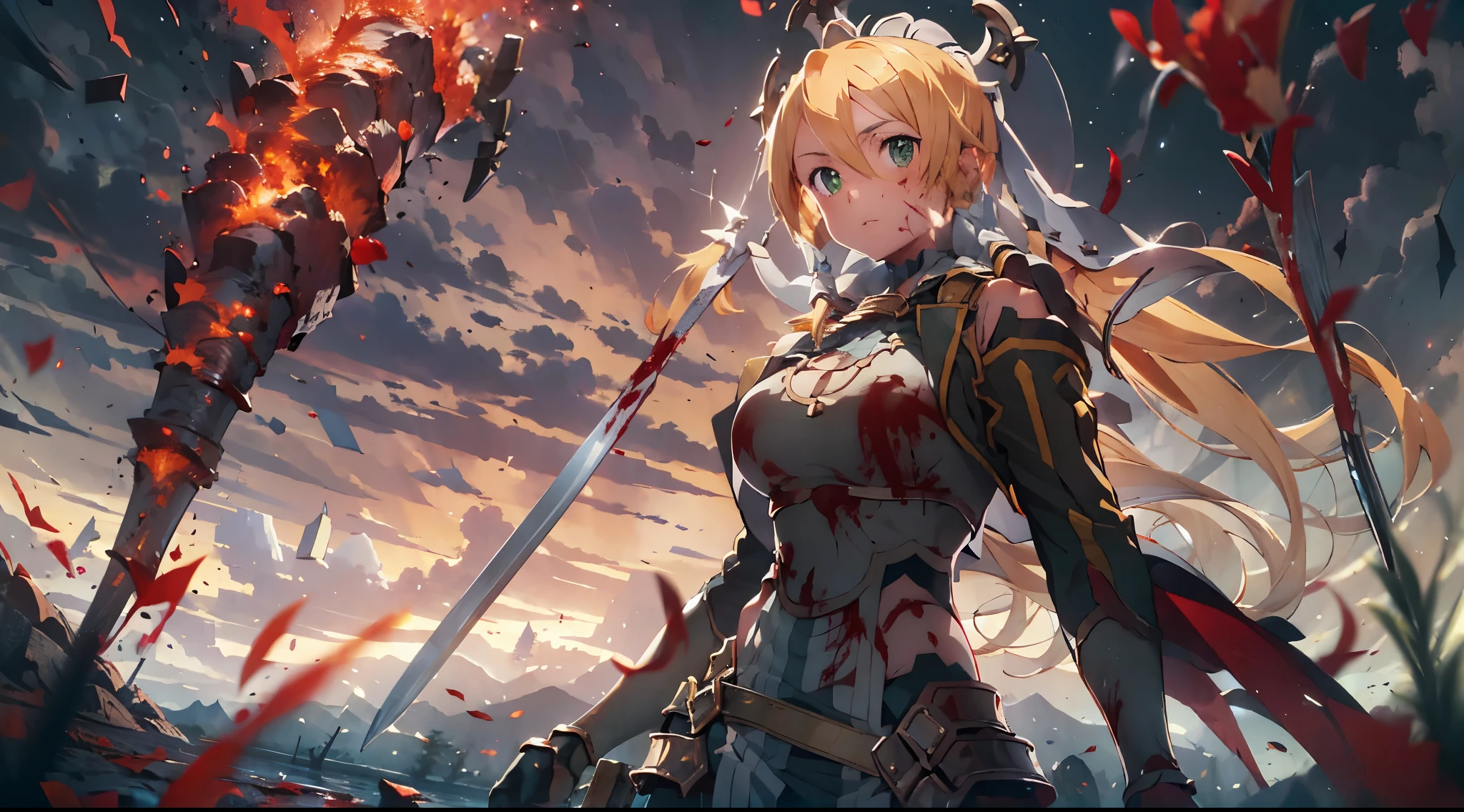 top-quality, Top image quality, ​masterpiece, girl((cute, 15year old, Best Bust, big bust, Beautiful emeralds eyes, Breasts wide open, Blonde long hair, A slender, holding a head of dead man, expose belly button, Murderous face, murder, long sword, slaughter, fighting, holding a severed head of devil, systemic return blood, Reflecting the whole body, shot from below)), hi quality, Beautiful Art, Background((battlefield, dark, dark sky, The screen is covered in blood, Bloody dead body, Bloody dead man, enemies with blood)), masterpiece, Elaborate design, visual art, depth of fields, The best lighting, highest detailed, 8K, Art of sword art online