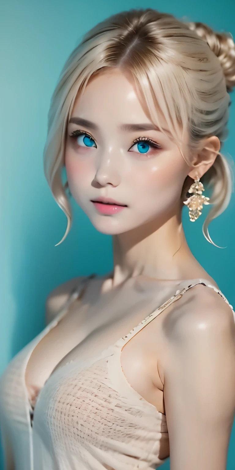 pretty girl, (ash blonde hair), ((very bun hair)), perfect face, innocent smile, Upper body,(Cerulean Eyes), (yan), (), (thin), ((flat chest)), ((16 only)), skin dents, extreme details, attractive oval face, red lips, pink, Glossy skin, fine hair, face focus, close up of chest, luxurious hair ornament, gold earrings, ((1 girl)), embarrassed look,