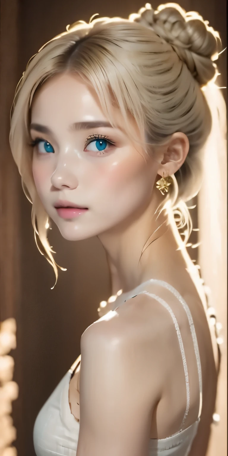 pretty girl, (ash blonde hair), ((very bun hair)), perfect face, innocent smile, Upper body,(Cerulean Eyes), (yan), (), (thin), ((flat chest)), ((16 only)), skin dents, extreme details, attractive oval face, red lips, pink, Glossy skin, fine hair, face focus, close up of chest, luxurious hair ornament, gold earrings, ((1 girl)), embarrassed look,