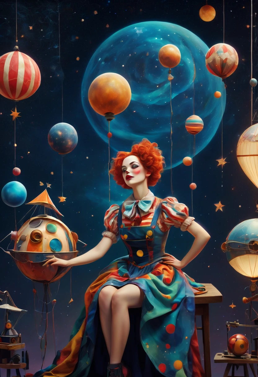(best quality, highres, ultra sharp), scene of a mechanical woman in a workshop fixing magical mechanical (clown puppets), about the curvature of space time, working, art deco, zentangle, full colored,3d crunch, cinematic, starry sky printed clothes,