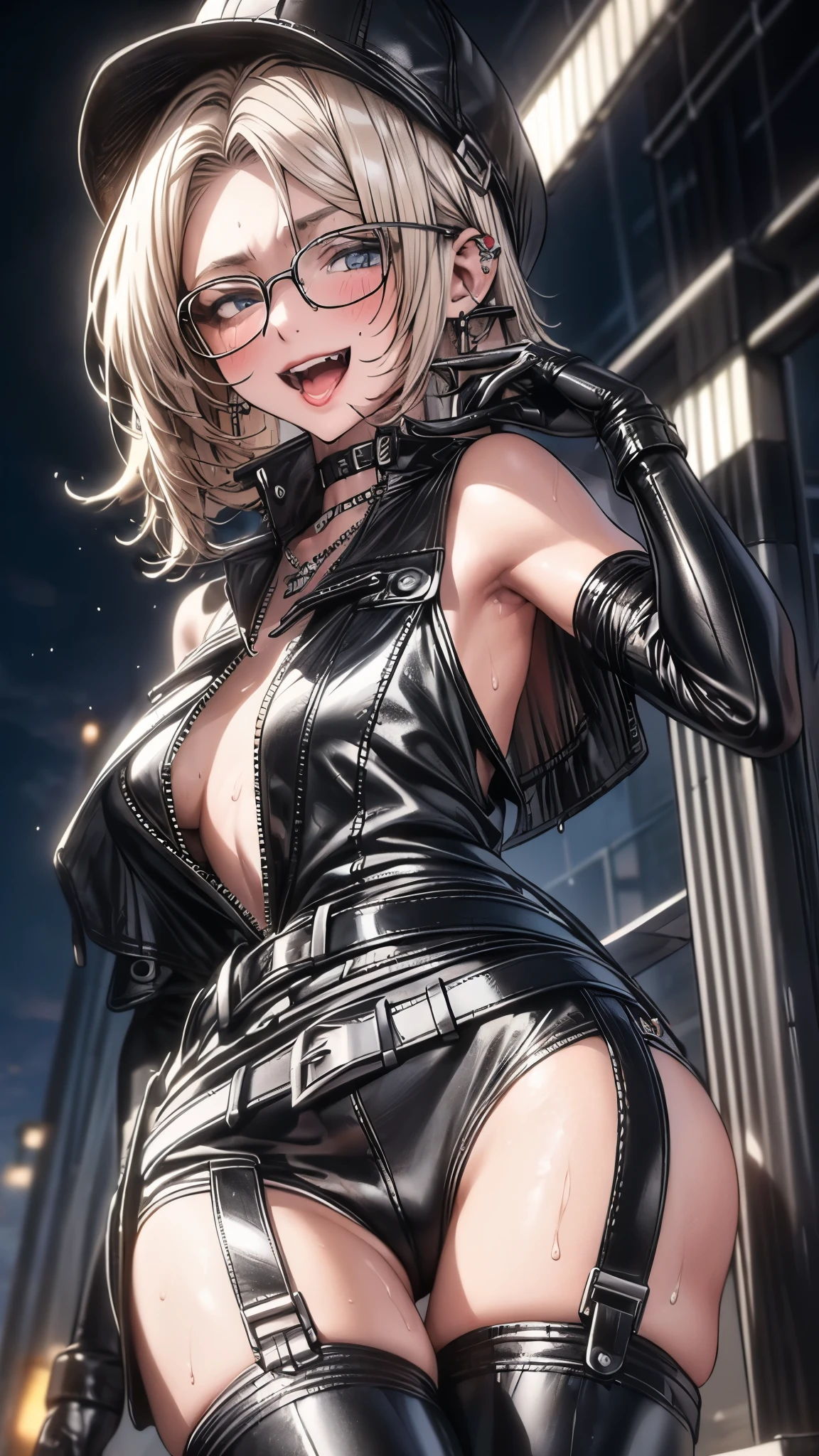 (((masterpiece)))、((highest quality))、(super detailed)、(CG illustration)、(so beautiful ))、cinematic light、(((1 Mechanical Girl)))、 SF、Apocalypse、erotic grotesque、(beautiful and luxurious:1.2)、(1 girl:1.3)、facing the front, (double breasted,under bust:1.2), button gap,(((corset belt))),(((latex high waist mile((wet with sweat)),Show the whole body((leather thigh high boots))