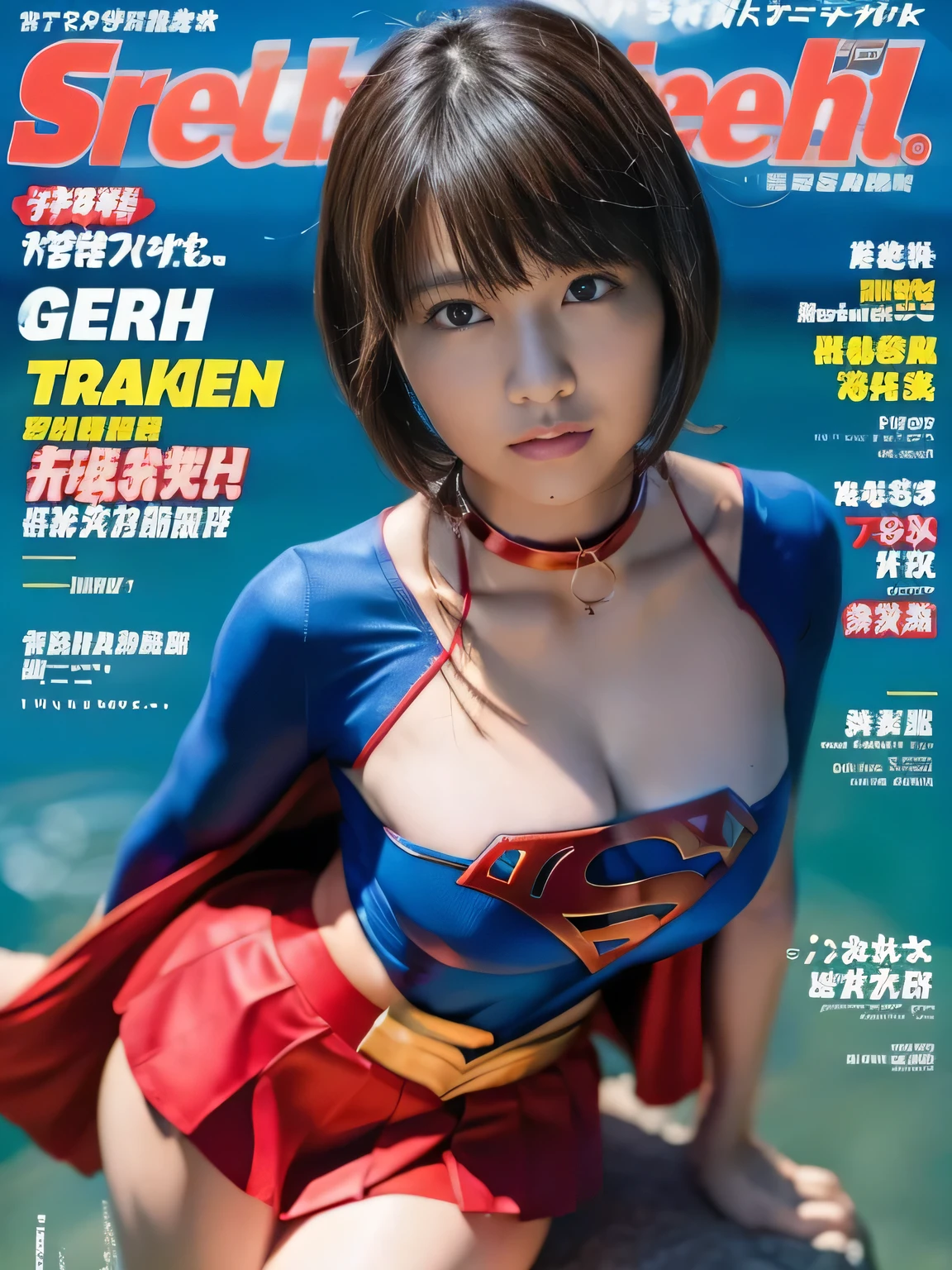 masterpiece、supergirl costume、short hair、barefoot、big and full breasts、test subject、operating room、operating table、Crisis situation、straddle、flowing sweat、shiny、look at the camera、sense of abuse、Estrus、choker、Weekly magazine cover、long sleeve、red mini skirt、obscene pose、Seduce、humiliating、hindrance、