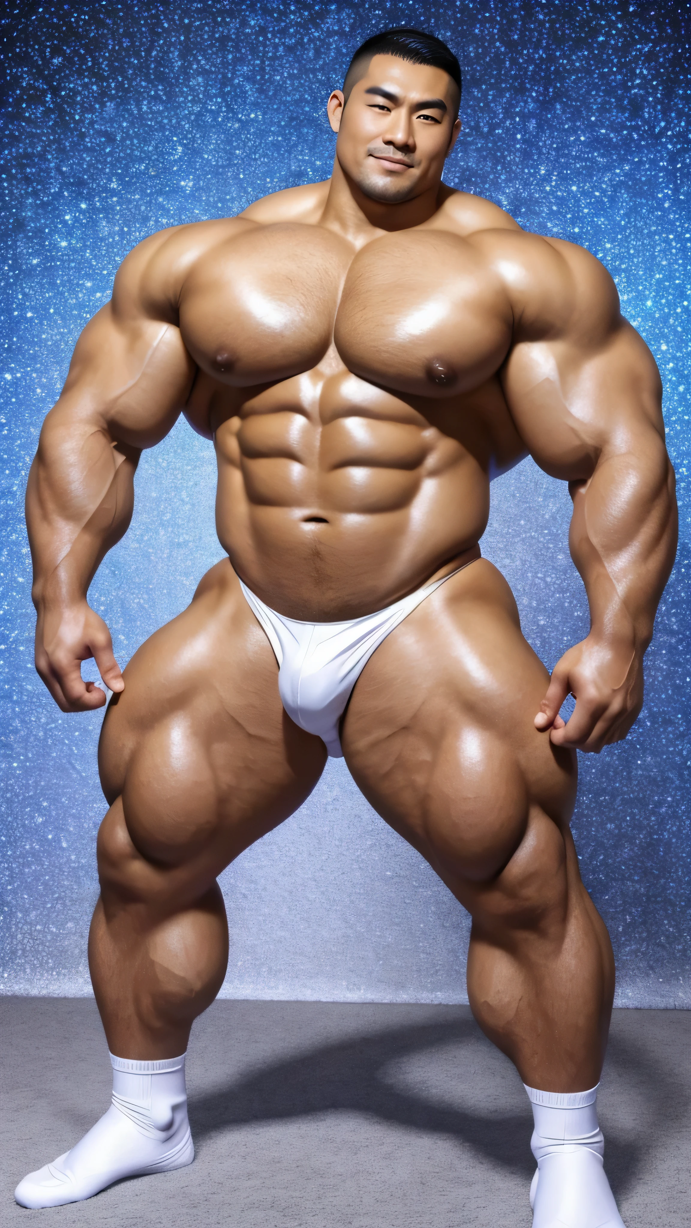 There is only one Chinese bodybuilder in the photo,30 years old,Tall and handsome, toned body,short hair, O-shaped beard,Perfect body, Dark and shiny complexion,Smooth skin,The body is hairless,Muscle bulge, muscular, Very big pecs,Very sexy abs,Leg muscles are very developed,Huge bumpy area,Brighten oily skin,Wearing a gold leather shiny thong,handsome face, Correct and accurate male body proportions, full-body shot, shiny muscular skin,wear white socks,science fiction background,science fiction style。