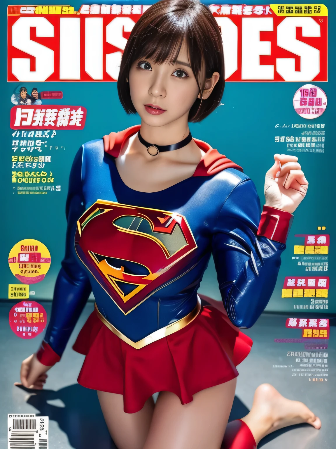 masterpiece、supergirl costume、short hair、enamel boots、big and full breasts、standing posture、shiny、looking at camera、choker、red mini skirt、Weekly magazine cover、Sculpture Magazines、sweaty、full body portrait、from right in front、