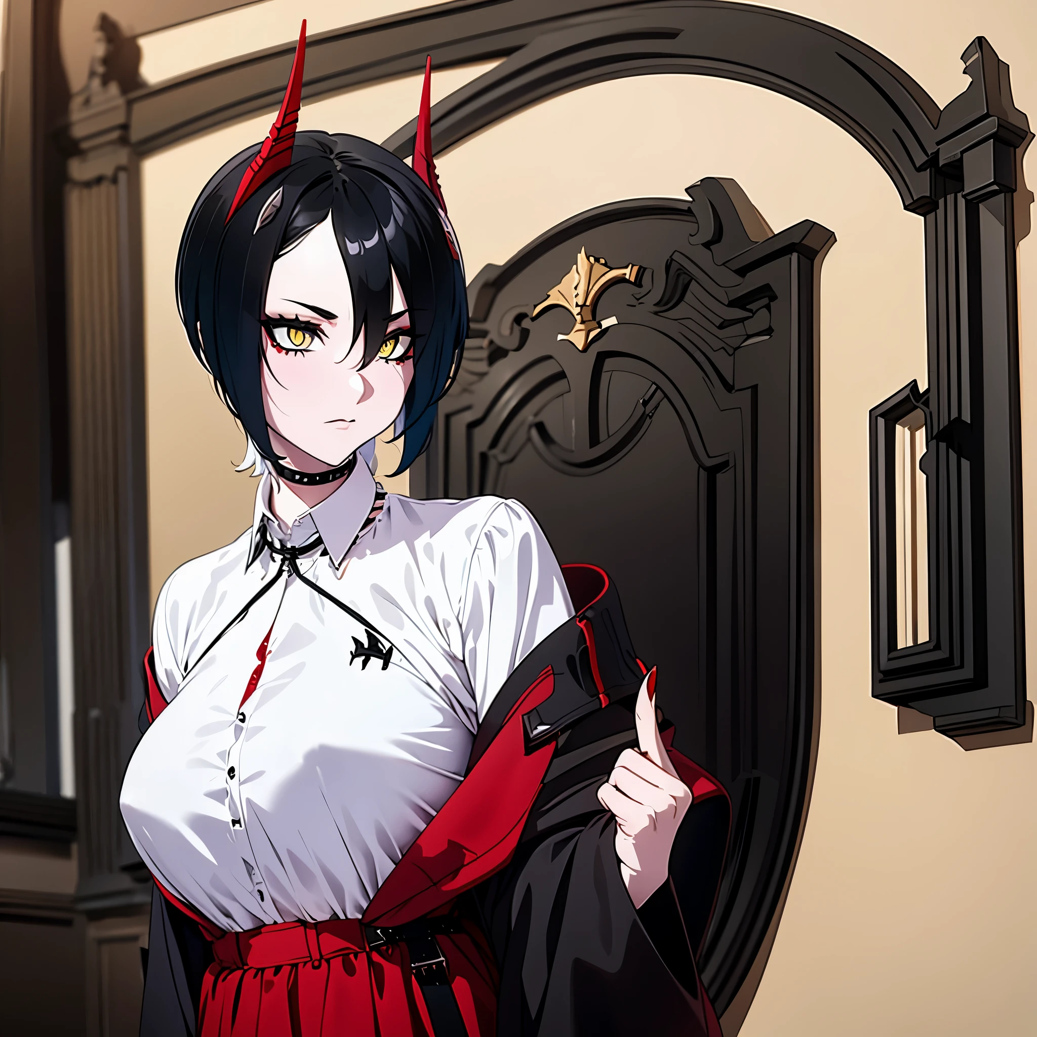 a woman with short black hair, yellow eyes, red horn, wearing a shirt, wearing gothic clothing in a German town
