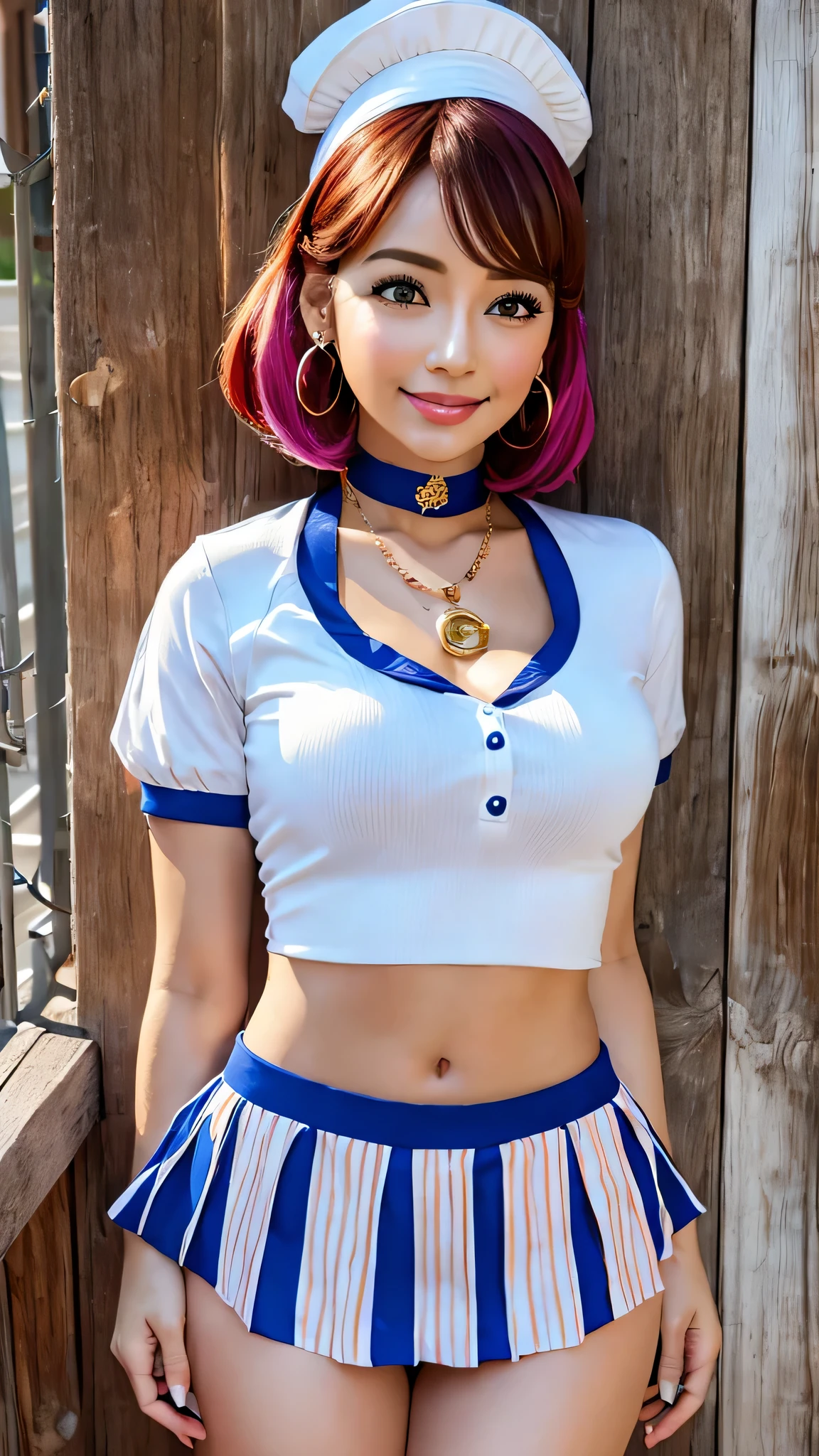 (Super realistic whole body), (shape), (High resolution), (8k), （(school uniform, sailor suit))、(A masterpiece of detailed and beautiful eyes), perfect face, perfect skin texture,(highly detailed body, highest quality:1.2),woman, pink bob hair, captivate your audience, (static pose), (small hips), thin abs, perfect legs,、 (soft lighting), choker necklace, long earrings, head band,