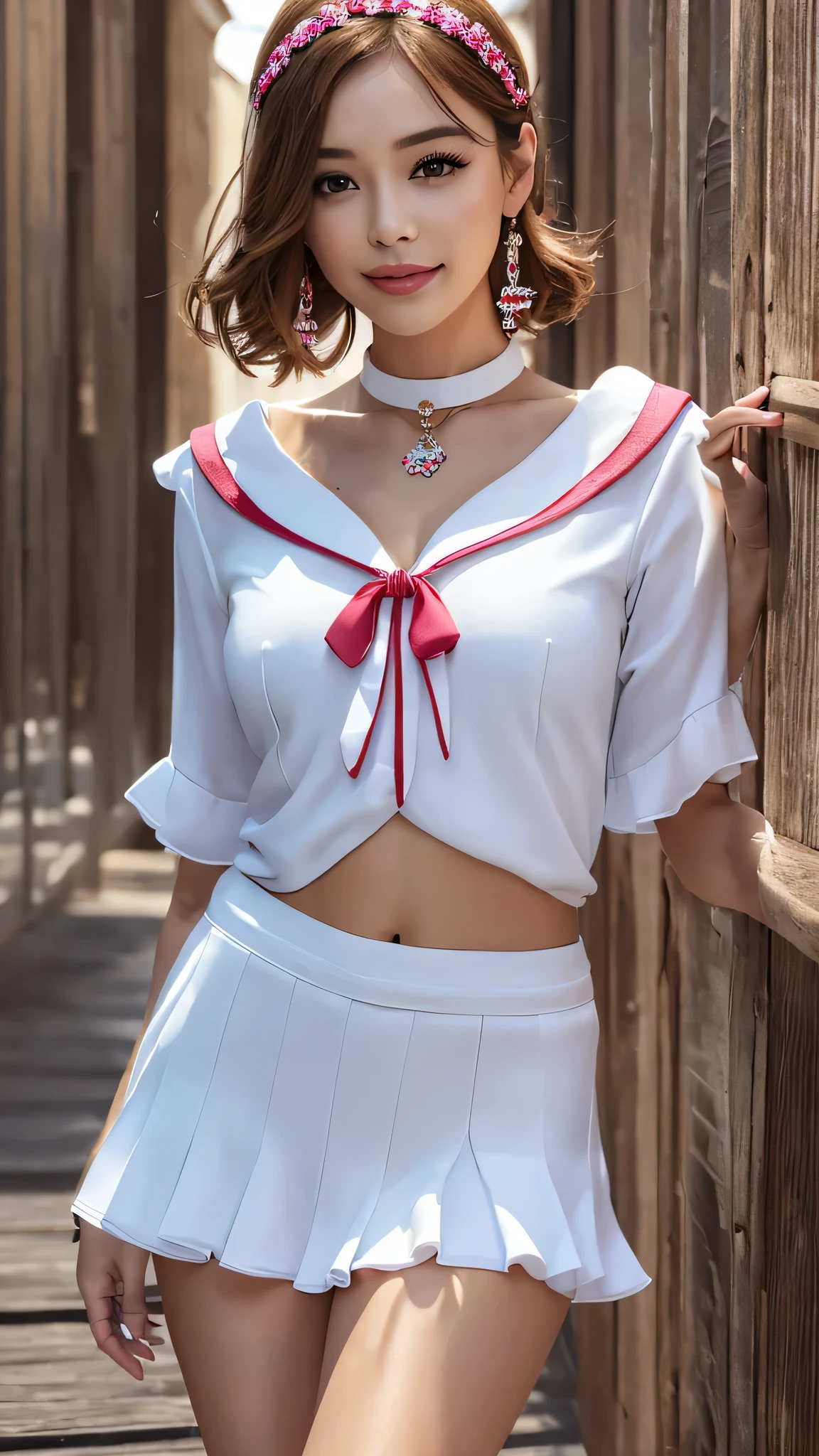 (Super realistic whole body), (shape), (High resolution), (8k), （(school uniform, sailor suit))、(A masterpiece of detailed and beautiful eyes), perfect face, perfect skin texture,(highly detailed body, highest quality:1.2),woman, pink bob hair, captivate your audience, (static pose), (small hips), thin abs, perfect legs,、 (soft lighting), choker necklace, long earrings, head band,