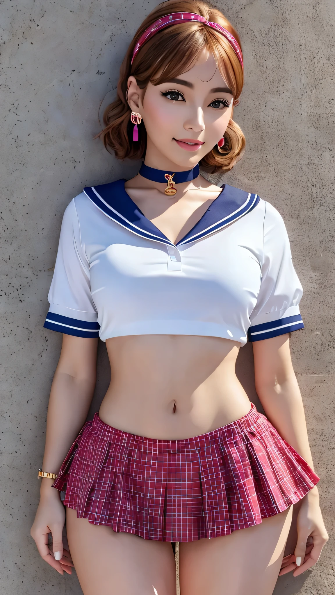 (Super realistic whole body), (shape), (High resolution), (8k), （(school uniform, sailor suit))、(fine and beautiful eyes),21 years old、 (masterpiece), perfect face, perfect skin texture,(highly detailed body, highest quality:1.2),woman, pink bob hair, captivate your audience, (static pose), (small hips), thin abs, perfect legs,、 (soft lighting), choker necklace, long earrings, head band,