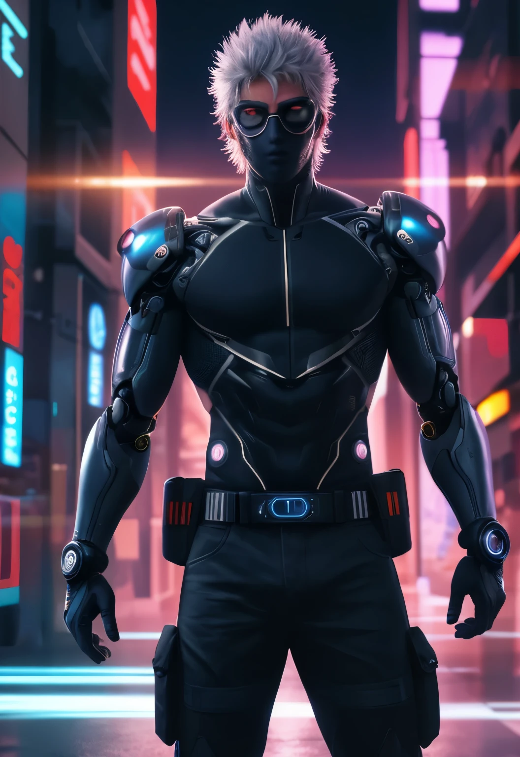 Character doing a dynamic shooting stanceThe Warrior'determination. Gere uma imagem com um cyberpunk inspirado, strong male warrior standing in a neon-lit cityscape. Ele encarna a honra e a integridade, prontos para lutar pela verdade. The image should capture your determination when fitting a 9:Proportion of 16 who wear a mask that goes from mouth to nose , wears a circular artificial intelligence eye cover , has a robot outfit , estilo futurista , e moderna . This character is an alien, NO ENTANTO, its appearance is similar to a human being , your whole body has artificial intelligence . garoto saltando de paraquedas, nuvens, Vento, muscular,
cores vibrantes, estilo de arte colorido,
soft lighting, sombras suaves, texturas detalhadas, dynamic lighting,
beautiful hands, perfect hands,