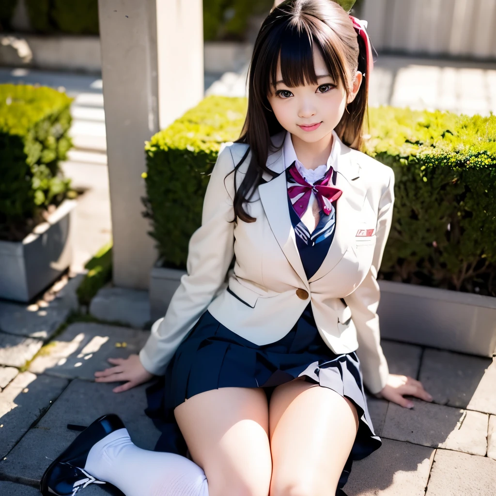 wear Japanese school uniform,wear a blazer、wear a pleated skirt、show panties、 ponytail, japanese girl, 8K, huge breasts, highest quality, masterpiece, realistic, Photorealistic super detail, one girl, cute, best smile, beautiful eyes, long hair, perfect face,full body shot