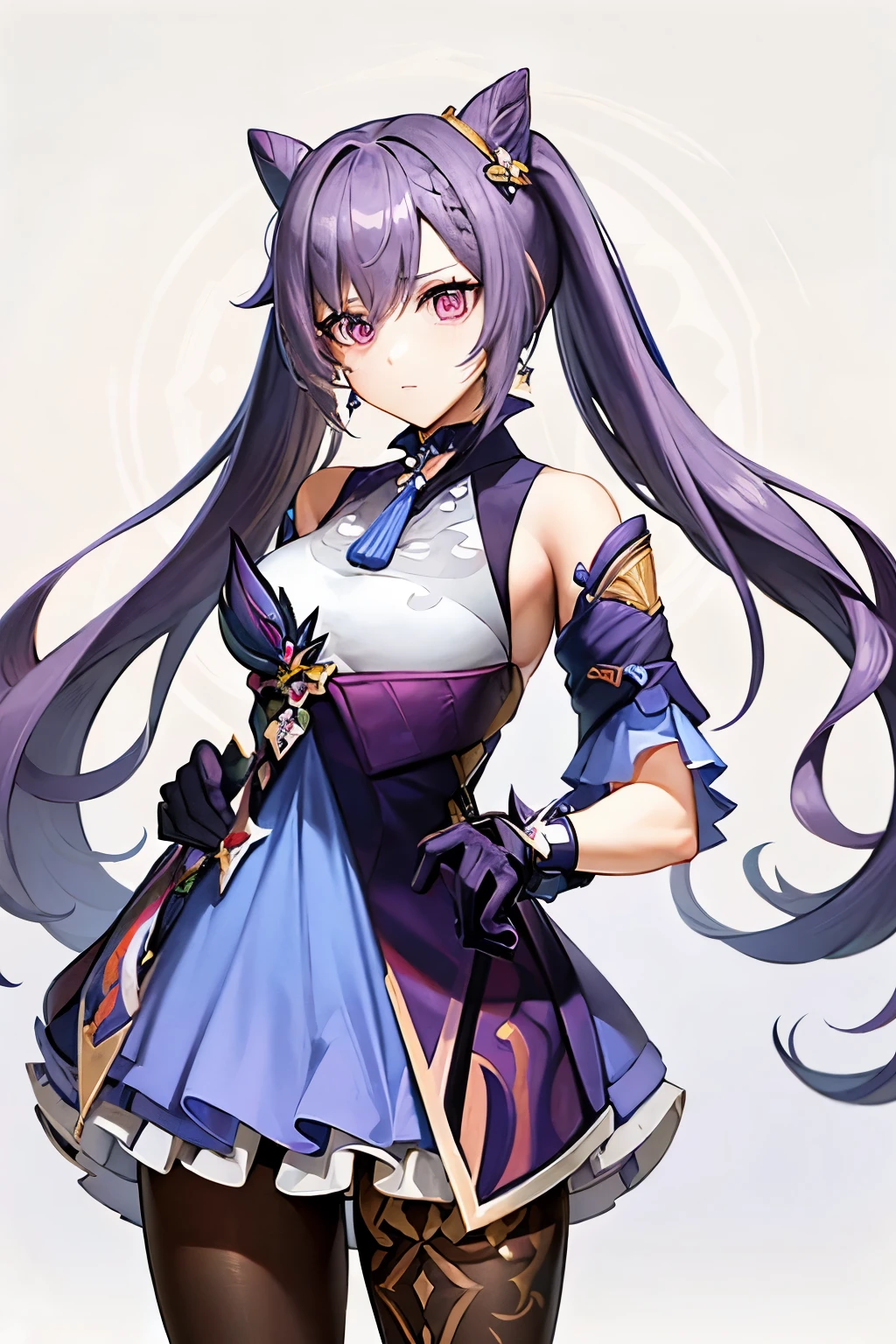 (Realistic painting style:1.0), masterpiece, best quality,  absurdres, looking at viewer, solo, keqing (piercing thunderbolt) (genshin impact), keqing (genshin impact), pantyhose, hair bun, purple hair, gloves, twintails, long hair, purple eyes, diamond-shaped pupils, bare shoulders, hair ornament, black pantyhose, cone hair bun, detached sleeves,dress, jewelry, large breasts, earrings, bangs, frills, purple dress, black gloves, braid, skirt,