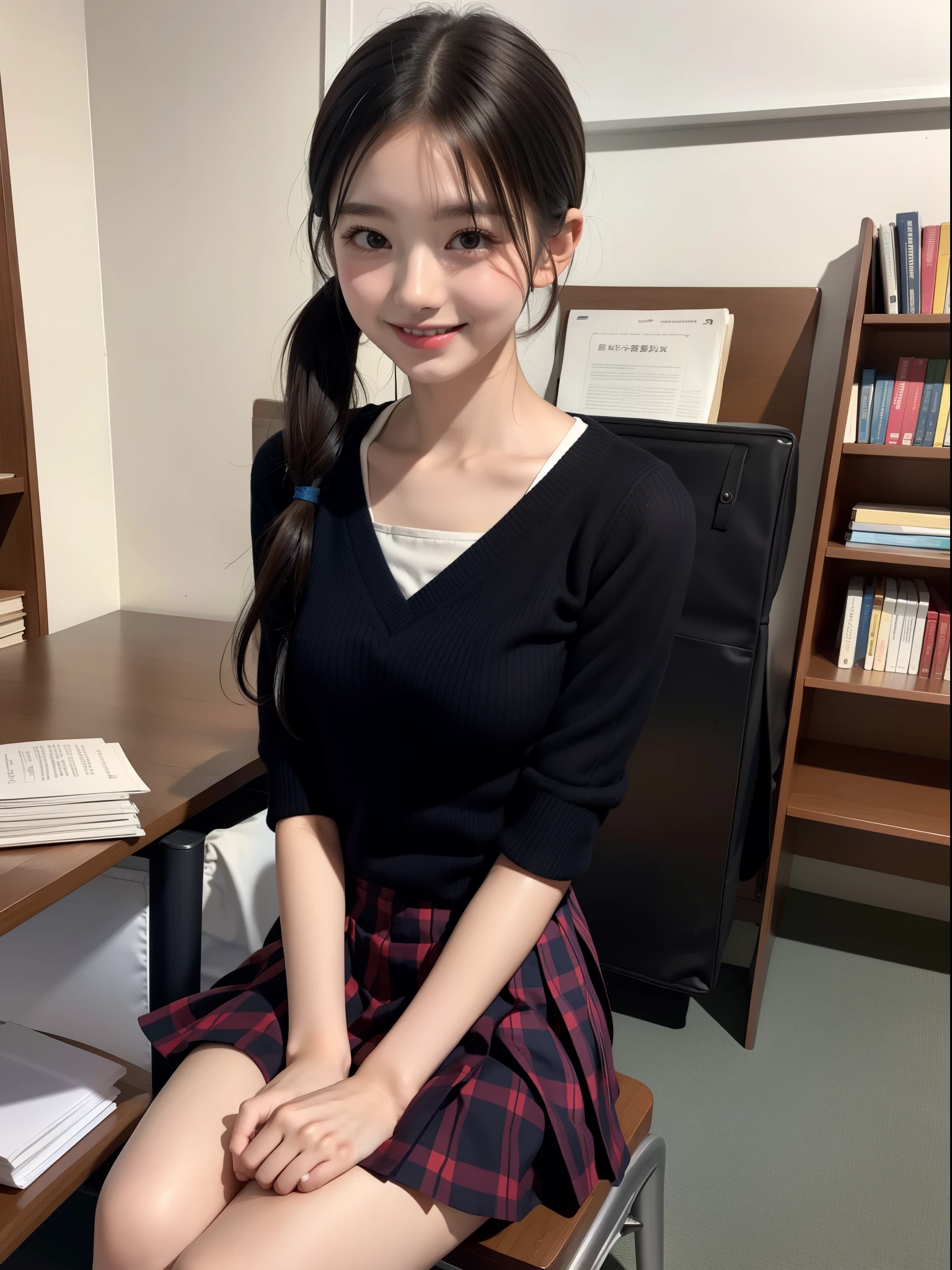 Sit in a study chair，Hands between legs，,elementary sd pleated skirt)，flat breast，Black short-sleeved T-shirt，parka，Pupils，teens girl，A dark-haired，delicate and  body，in a house、Nervouedium long、frontage、Looking here、full bodyesbian、white sock、atlibrary、Lots of books、(smile:1.2),(small brests:1.2),(skinny:1.3),byutiful girl,akb48,nogizaka46,(short ponytails:1.1),