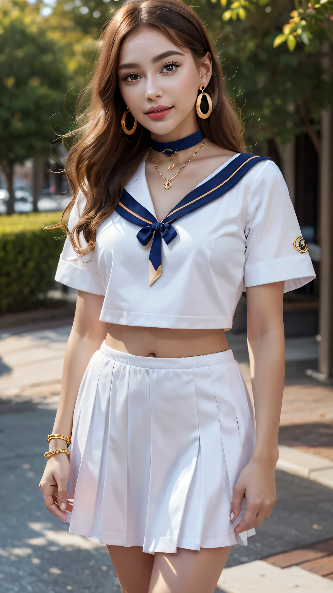 (Super realistic whole body), (shape), (High resolution), (8k), （(college uniform、sailor suit:1.3))、(fine and beautiful eyes),21 years old、 (masterpiece), perfect face, perfect skin texture,(highly detailed body, highest quality:1.2),woman, pink bob hair, captivate your audience, (static pose), (small hips), thin abs, perfect legs,、 (soft lighting), choker necklace, long earrings, head band,