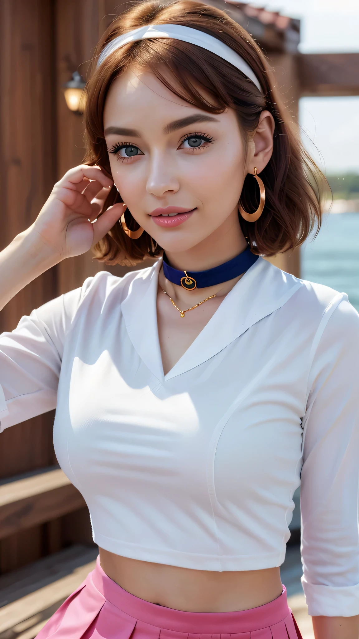 (Super realistic whole body), (shape), (High resolution), (8k), （(college uniform、sailor suit:1.3))、(fine and beautiful eyes),21 years old、 (masterpiece), perfect face, perfect skin texture,(highly detailed body, highest quality:1.2),woman, pink bob hair, captivate your audience, (static pose), (small hips), thin abs, perfect legs,、 (soft lighting), choker necklace, long earrings, head band,