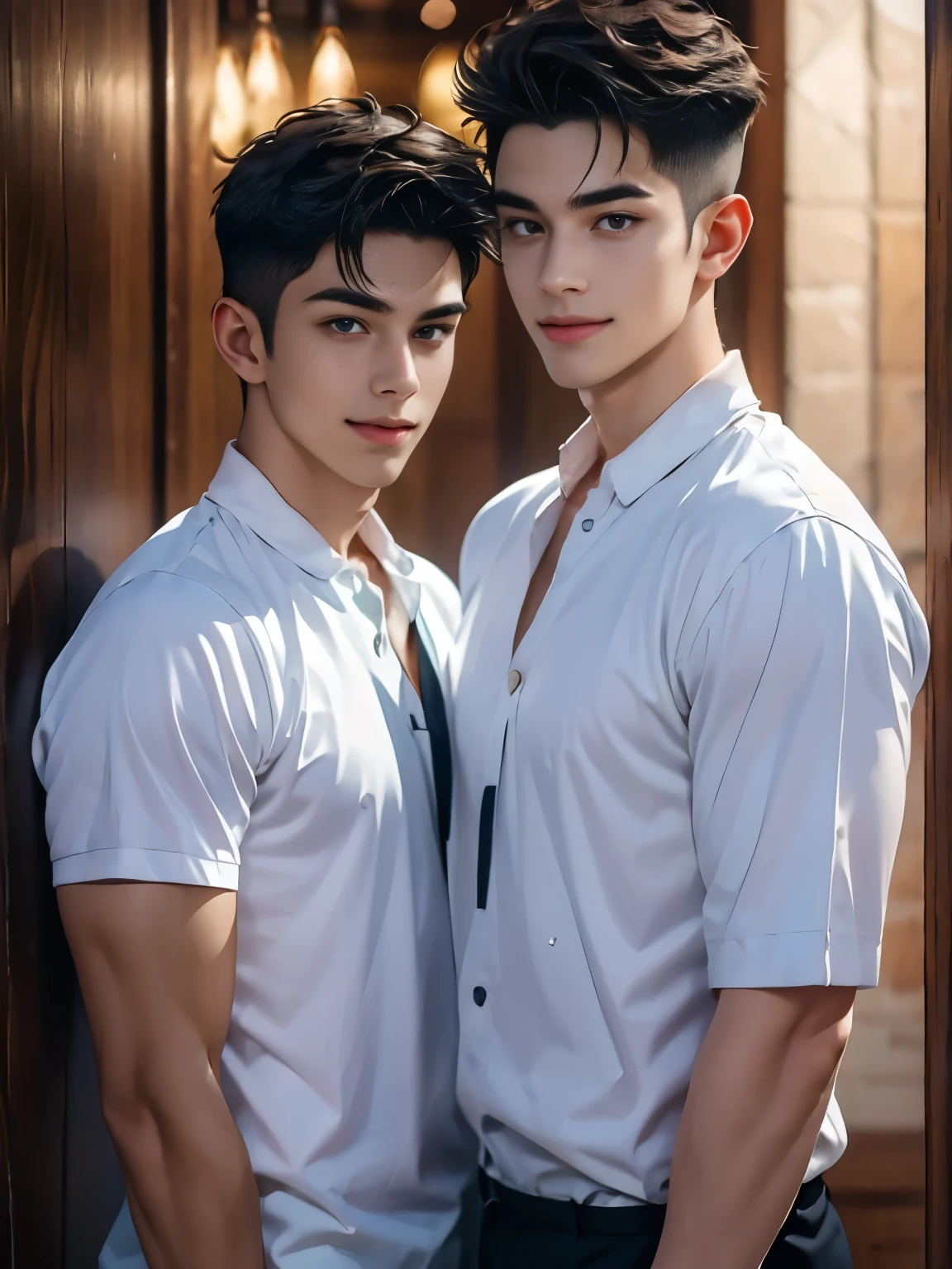 Highest quality portrait of two young guys waiters with a tray in their left hand and a towel in their right hand. Two young attractive boys in an expensive restaurant, strict dress code. beautiful , smiling , Friends . Photo portrait of the highest quality !