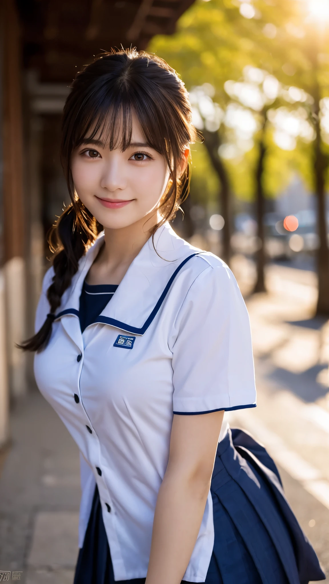 (highest quality,masterpiece:1.3,ultra high resolution),(Super detailed,caustics,8k),(photorealistic:1.4,RAW shooting),1 girl,(smile and look down at the camera),(front shot:1.1),(face forward),18-year-old,cute,Japanese,black short ponytail,school uniform,glamorous,(big boobs),( close up),(breast focus),street,sunshine,Natural light,(Backlight),(A bright light shines from behind),(Lens flare),professional writing,(cowboy shot),(low position:1.3),(Low - Angle:1.3)