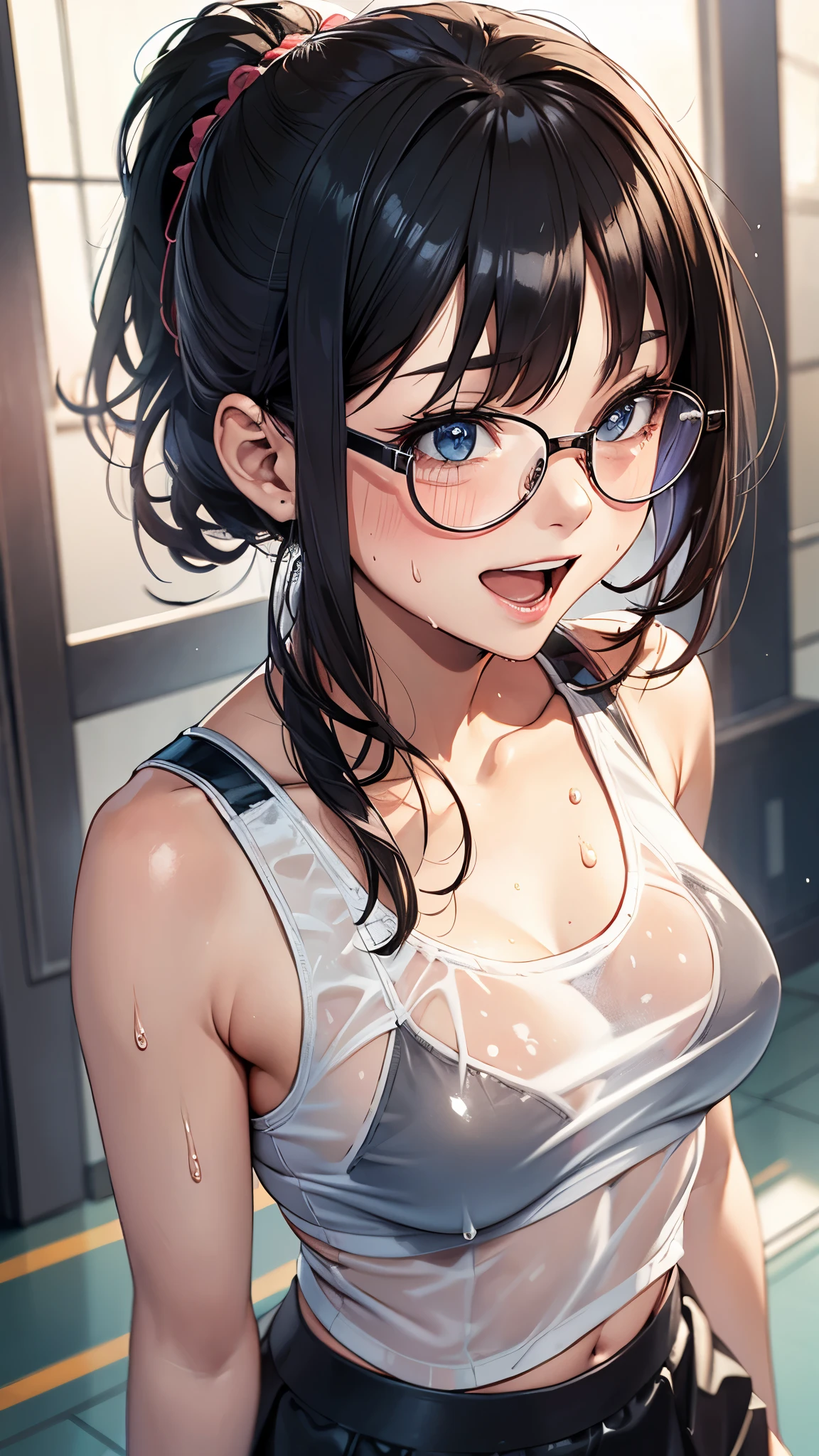 1 female,black hair,25 years old,(((blue shiny micro tight skirt)))((white tank top))(((blush、open mouth smile)),(((straight hair))),(((portrait))),crowd,,(wet with sweat)(sexy black bra and see-through tank top)(Glasses)(((small breasts)))((low ponytail))