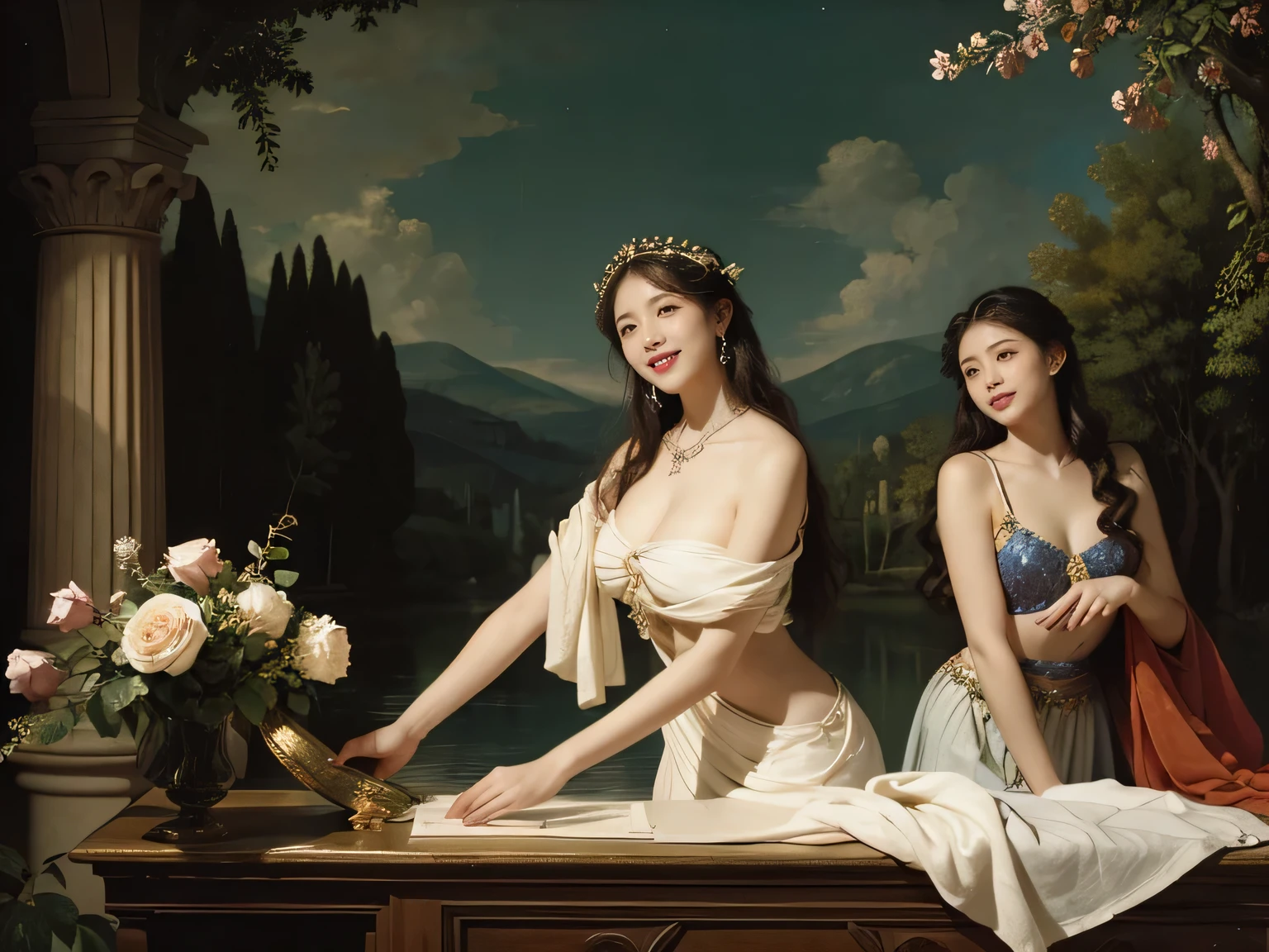 Giorgione painting style,Arguments of two female P、roses in vase、fruits、Cute trinkets、smile、ancient greek costume、Background is a forest lake at night 、Clothes that stretch your shoulders、A big smile、beautiful bare skin,Woman singing with sheet music