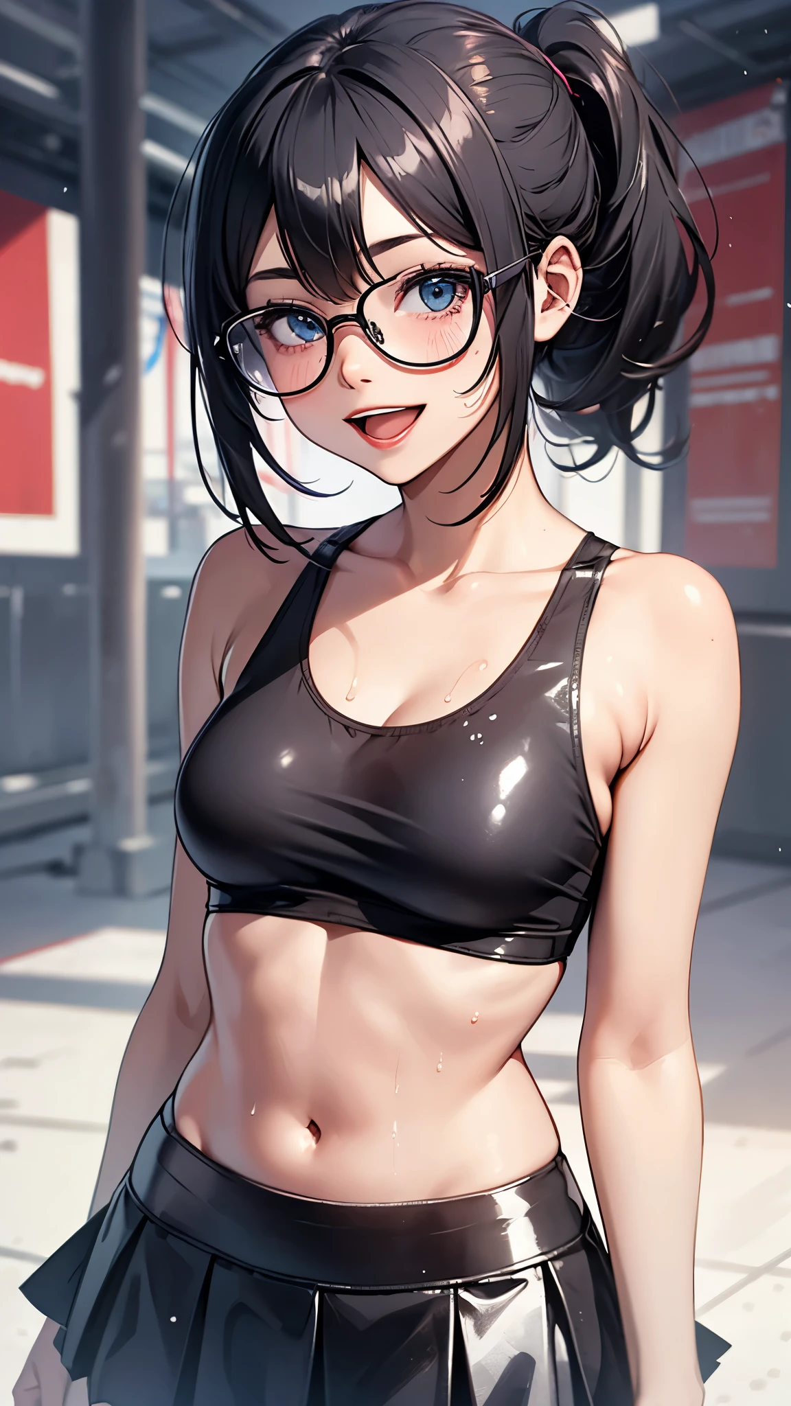 1 female,black hair,25 years old,(((blue shiny micro tight skirt)))((white tank top))(((blush、open mouth smile)),(((straight hair))),(((portrait))),crowd,,(wet with sweat)(sexy black bra and see-through tank top)(Glasses)(((small breasts)))((low ponytail))