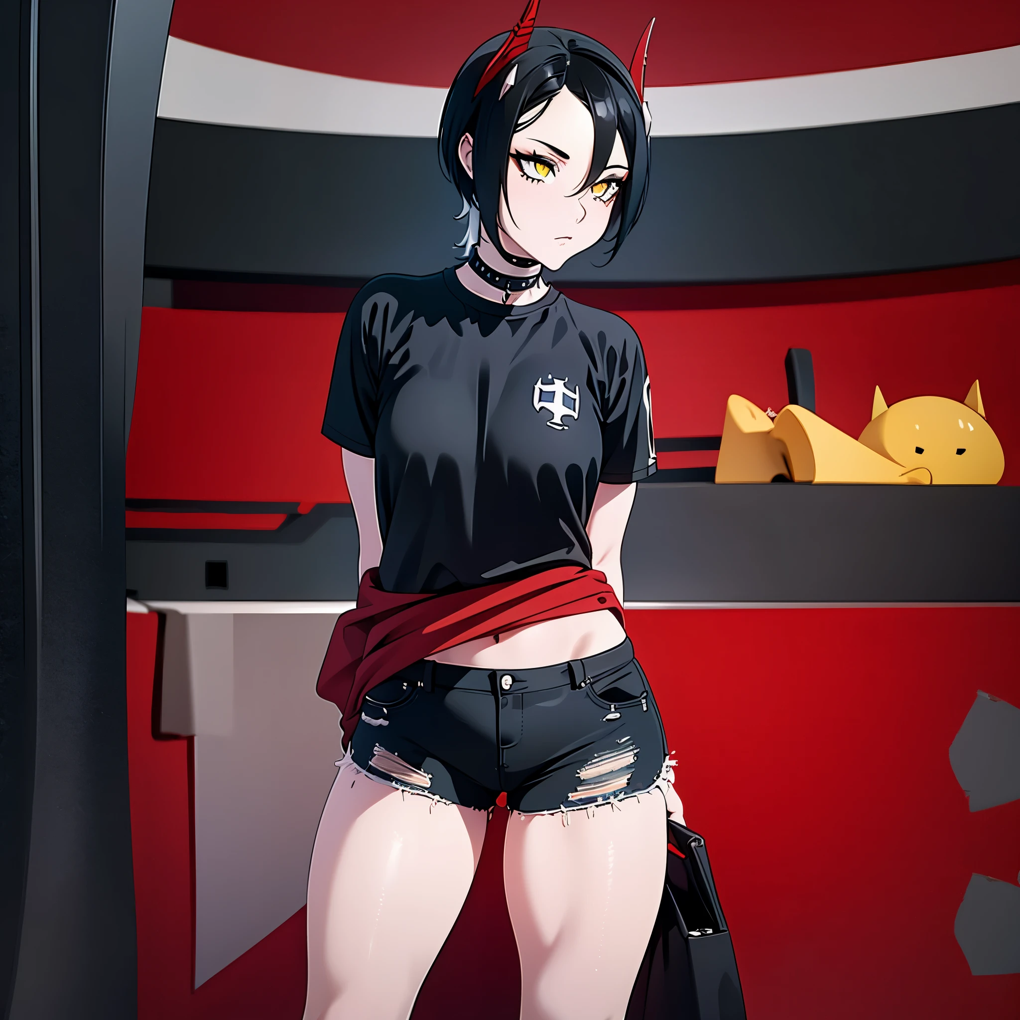 a woman with short black hair, yellow eyes, small red horn, wearing a black shirt and black jean shorts, German city
