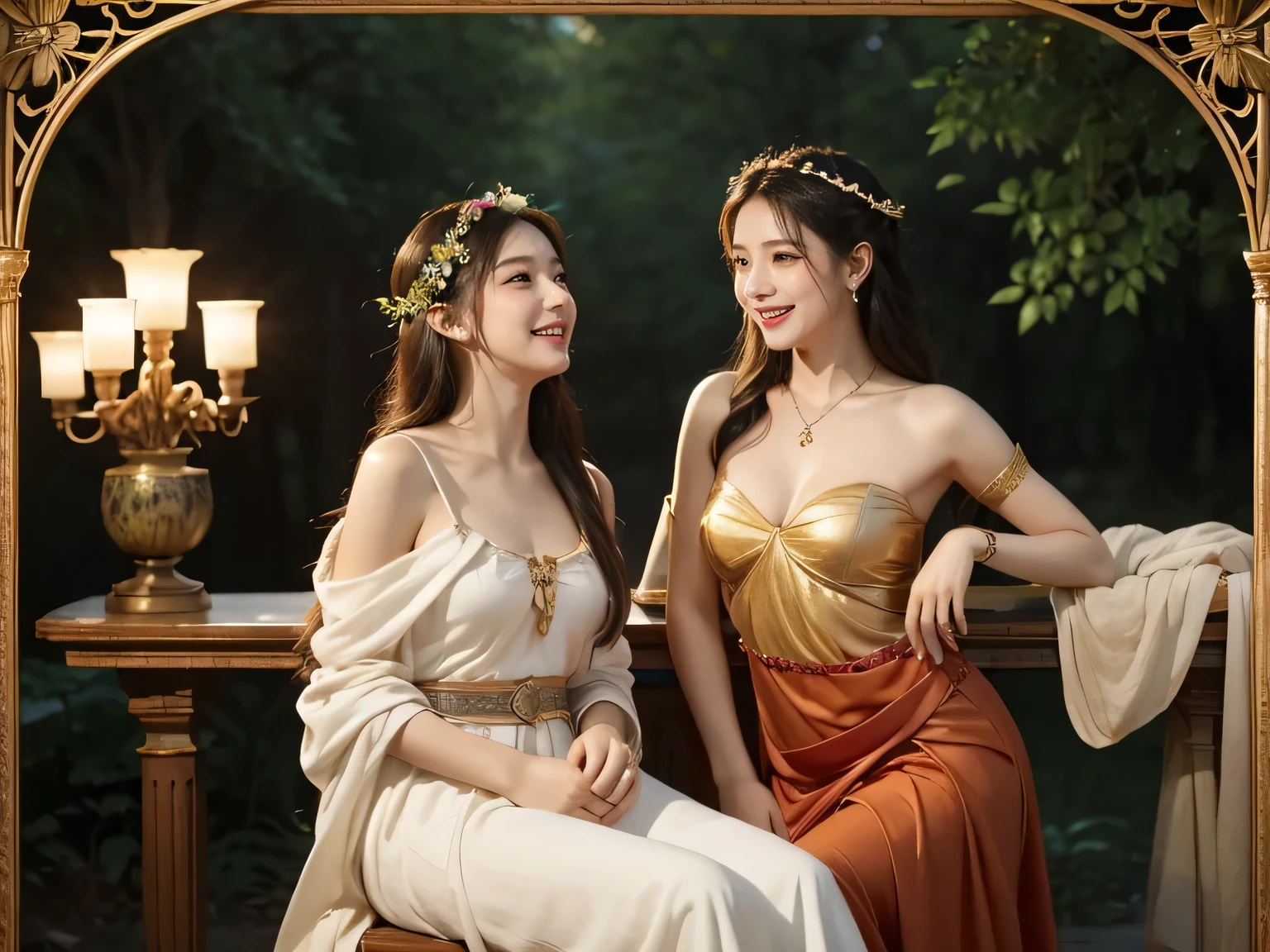 Giorgione painting style,Arguments of two female P、roses in vase、fruits、Cute trinkets、smile、ancient greek costume、Background is a forest lake at night 、Clothes that stretch your shoulders、A big smile、beautiful bare skin,Woman singing with sheet music