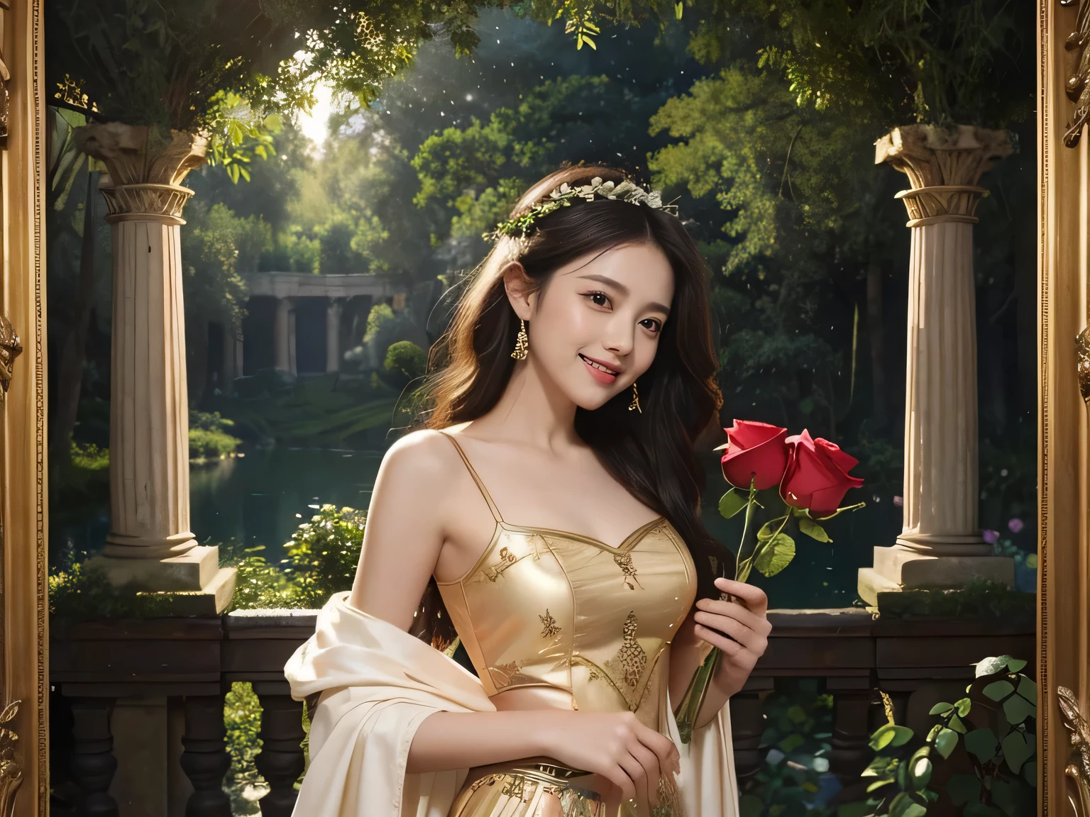 Giorgione painting style,Arguments of two female P、roses in vase、fruits、Cute trinkets、smile、ancient greek costume、Background is a forest lake at night 、Clothes that stretch your shoulders、A big smile、beautiful bare skin,Woman singing with sheet music