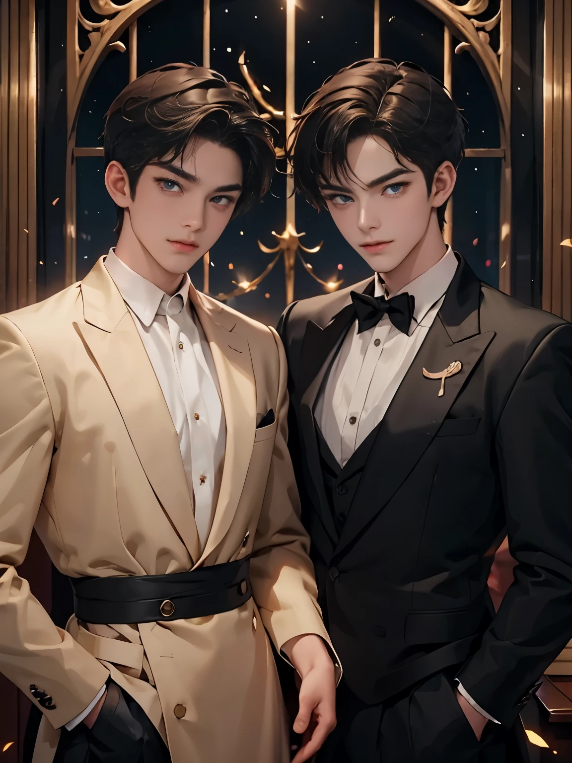 Highest quality portrait of two young guys waiters . Two young attractive boys in an expensive restaurant, strict dress code. beautiful , smiling , Friends . Photo portrait of the highest quality !