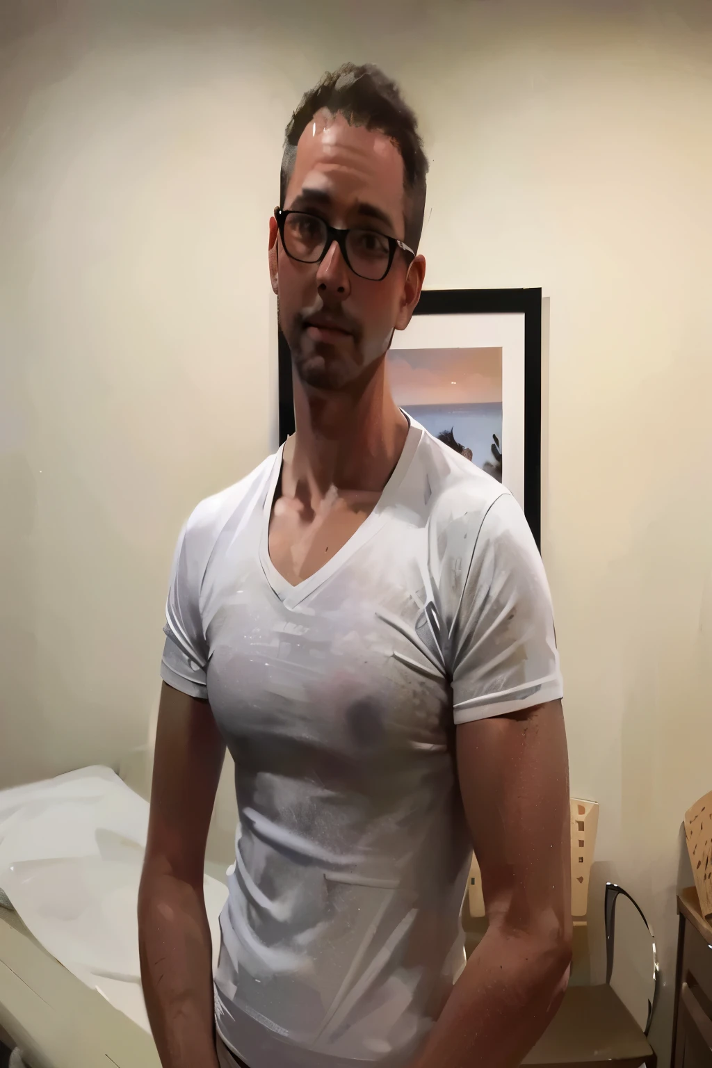 there is a man standing in a room with a white shirt, 3 , 38 years old, 3 2 years oldr - old, 2 9 years old, 4 0 years 8 - year - old, 3 5 years old, 35 years old, about ld, 2 8 years old