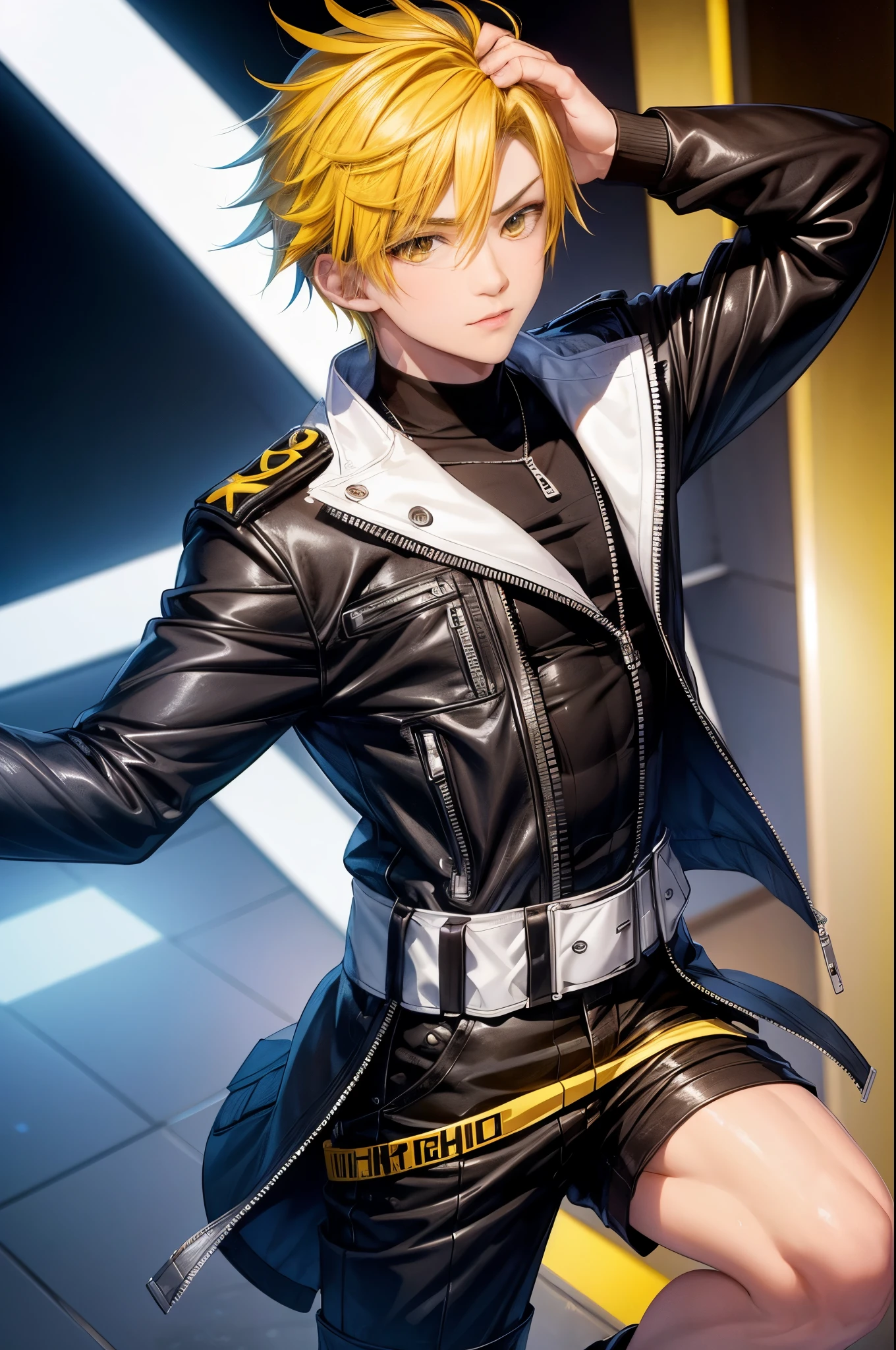 1boy,soft face,confident,young adult,wearing a black jacket, blue ice energy all around, ice, blizzard, (yellow eyes), ((yellow hair)),short messy unkept hair, highest quality digital art, Stunning art, wallpaper 4k, highly detailed,BREAK, (anime style), epic