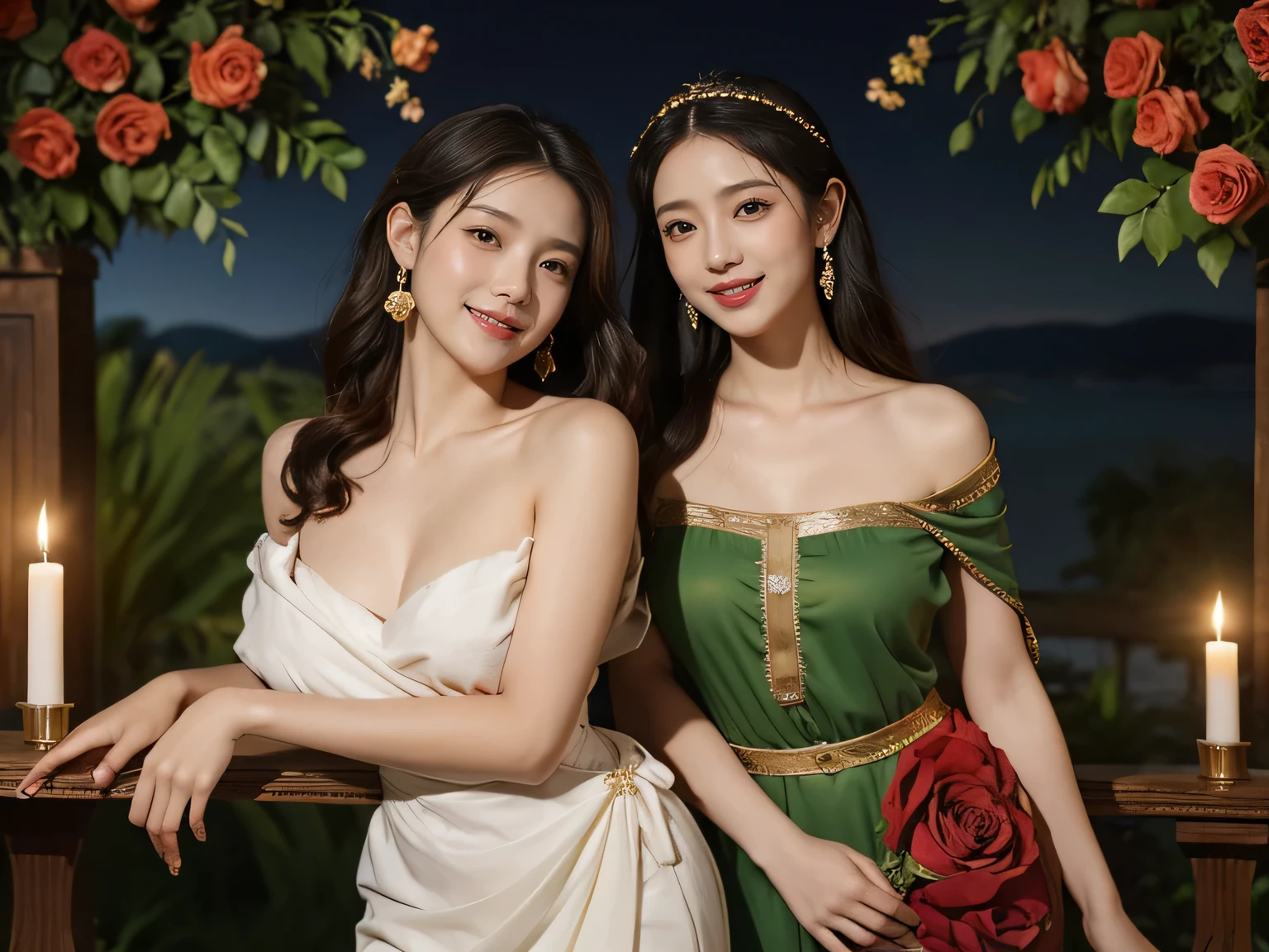 Giorgione painting style,Arguments of two female P、roses in vase、fruits、Cute trinkets、smile、ancient greek costume、Background is a forest lake at night 、Clothes that stretch your shoulders、A big smile、beautiful bare skin,Woman singing with sheet music