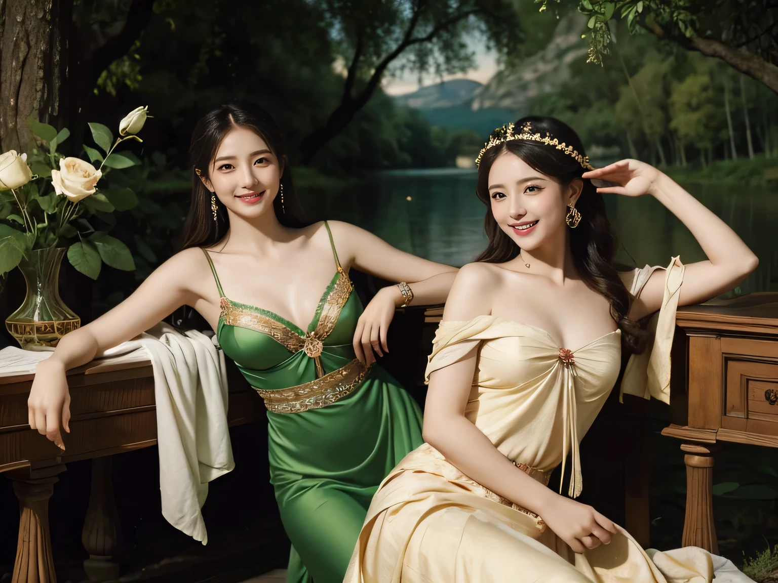 Giorgione painting style,Arguments of two female P、roses in vase、fruits、Cute trinkets、smile、ancient greek costume、Background is a forest lake at night 、Clothes that stretch your shoulders、A big smile、beautiful bare skin,Woman singing with sheet music