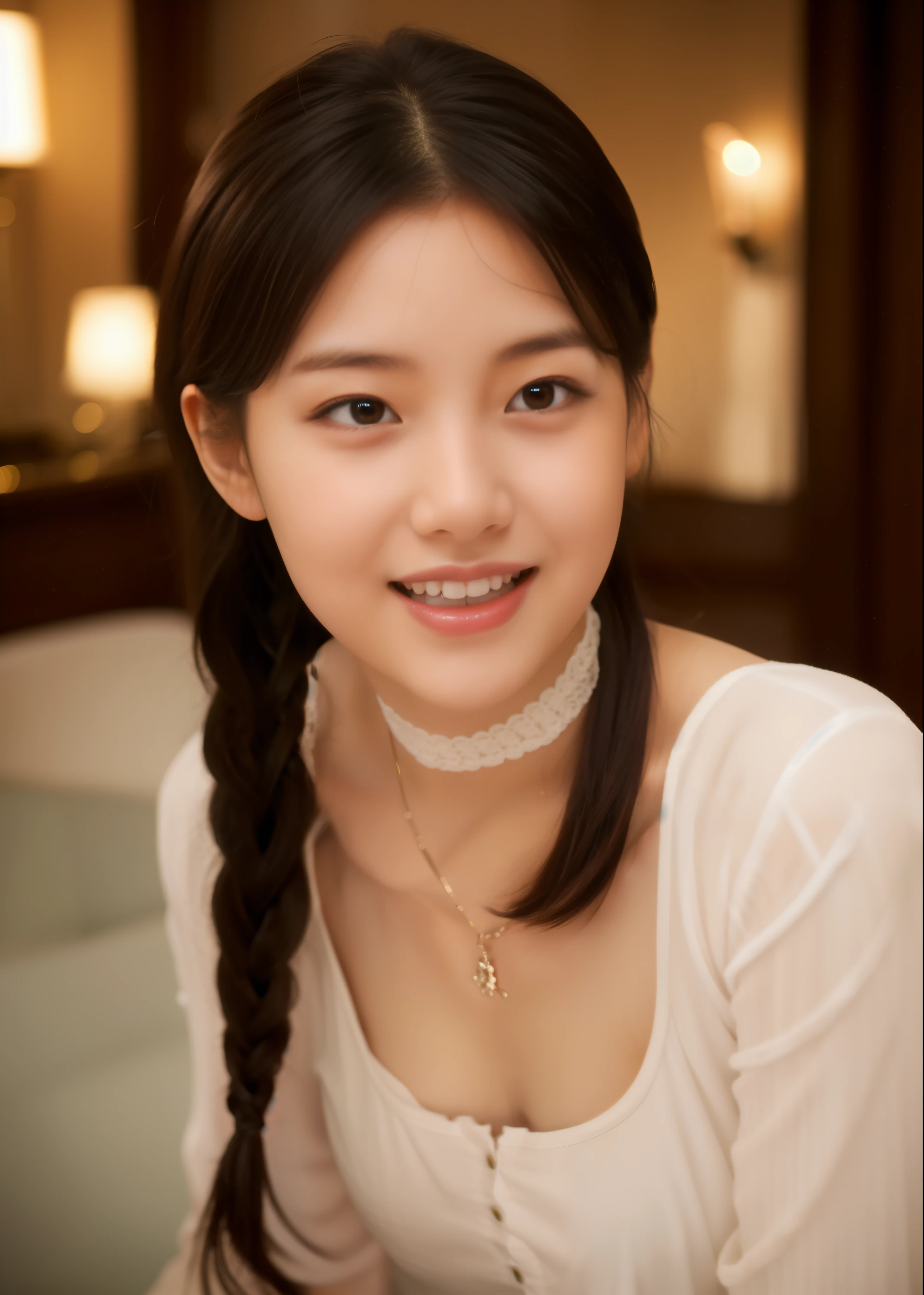 beautiful 20 year old woman. She is a little thinner than the standard figure. she is wearing a classic dress,And I&#39;m wearing a choker around my neck. She looks ecstatic as if she had an orgasm during sex. her dark brown hair is braided. High resolution、masterpiece、highest quality、頭w:1.0、((Hasselblad Photos))、fine skin、fine knit、(movie lighting)、clavicle . Her bust size is B cup.