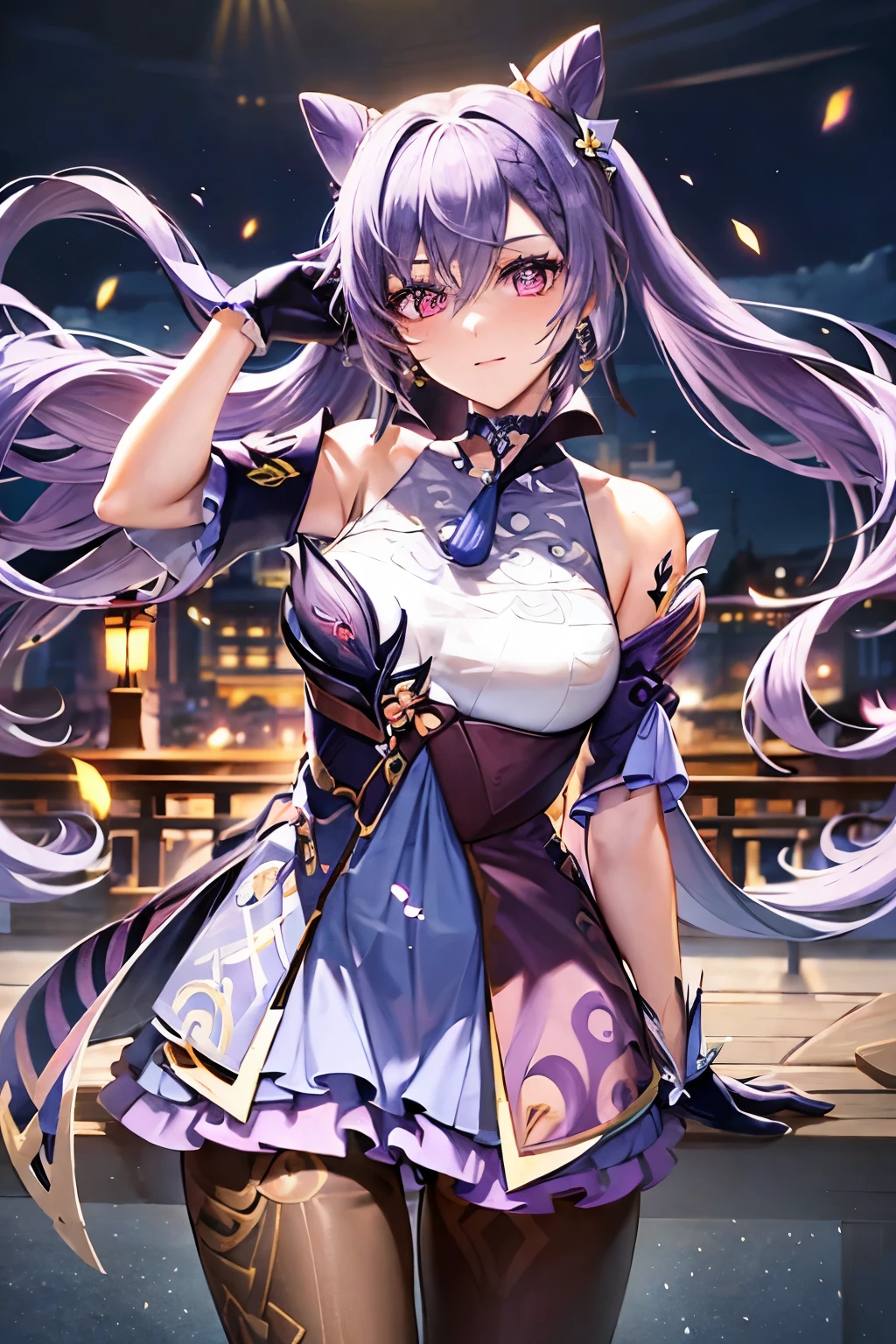 (Realistic painting style:1.0), masterpiece, best quality, absurdres, looking at viewer, solo, keqing (piercing thunderbolt) (genshin impact), keqing (genshin impact), pantyhose, hair bun, purple hair, gloves, twintails, long hair, purple eyes, diamond-shaped pupils, bare shoulders, hair ornament, black pantyhose, cone hair bun, detached sleeves,dress, jewelry, large breasts, earrings, bangs, frills, purple dress, black gloves, braid, skirt,