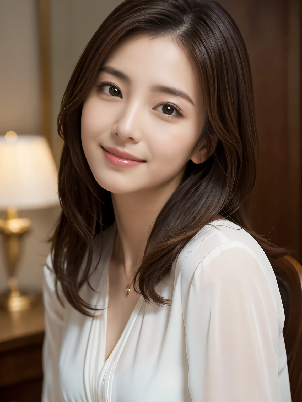 (Raw Photo), (Photorealsitic), (Masterpiece), (Best Quality), High Resolution, 8K, (Intricate Details), (Voluminous Light), Portrait, Female, 35 Years Old, Medium Hair, Straight Hair, medium breasts, layered hair, brown hair, very fine eyes, source order, very fine eyebrows, very fine skin, very fine mouth, very fine nose, cute like an idol, happy smile, (thick lips), (looking at the viewer), (elegant blouse), waist shot,