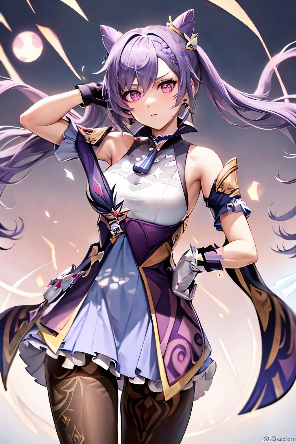 (Realistic painting style:1.0), masterpiece, best quality, absurdres, looking at viewer, solo, keqing (piercing thunderbolt) (genshin impact), keqing (genshin impact), pantyhose, hair bun, purple hair, gloves, twintails, long hair, purple eyes, diamond-shaped pupils, bare shoulders, hair ornament, black pantyhose, cone hair bun, detached sleeves,dress, jewelry, large breasts, earrings, bangs, frills, purple dress, black gloves, braid, skirt,