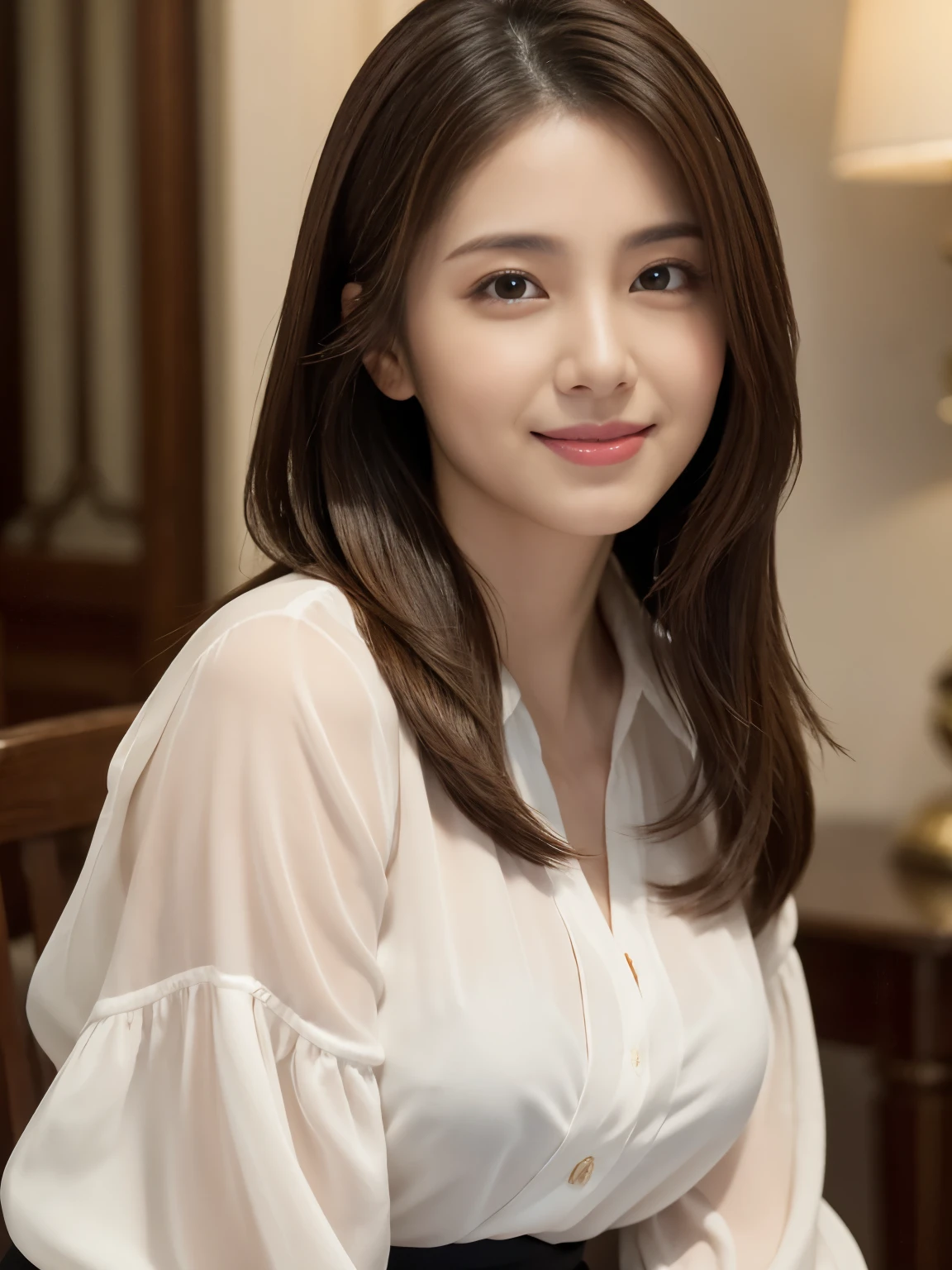 (Raw Photo), (Photorealsitic), (Masterpiece), (Best Quality), High Resolution, 8K, (Intricate Details), (Voluminous Light), Portrait, Female, 35 Years Old, Medium Hair, Straight Hair, medium breasts, layered hair, brown hair, very fine eyes, source order, very fine eyebrows, very fine skin, very fine mouth, very fine nose, cute like an idol, happy smile, (thick lips), (looking at the viewer), (elegant blouse), waist shot,