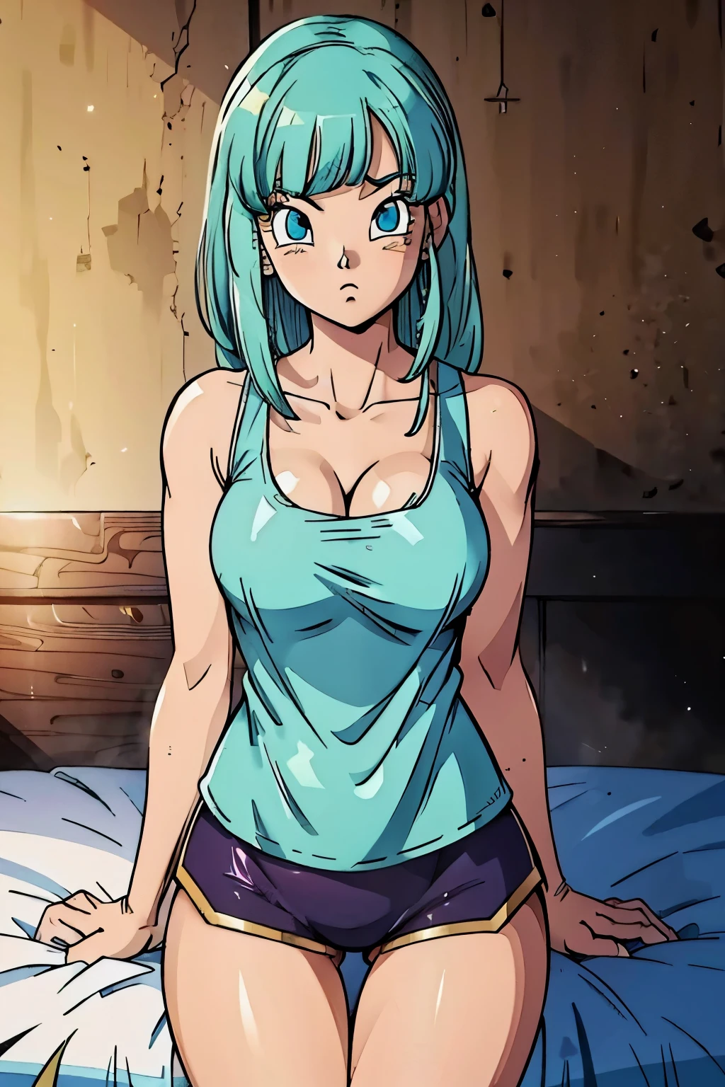 Garota bonita de cabelo azulado sentada na cama, arte estilo Dragon Ball, corpo perfeito 