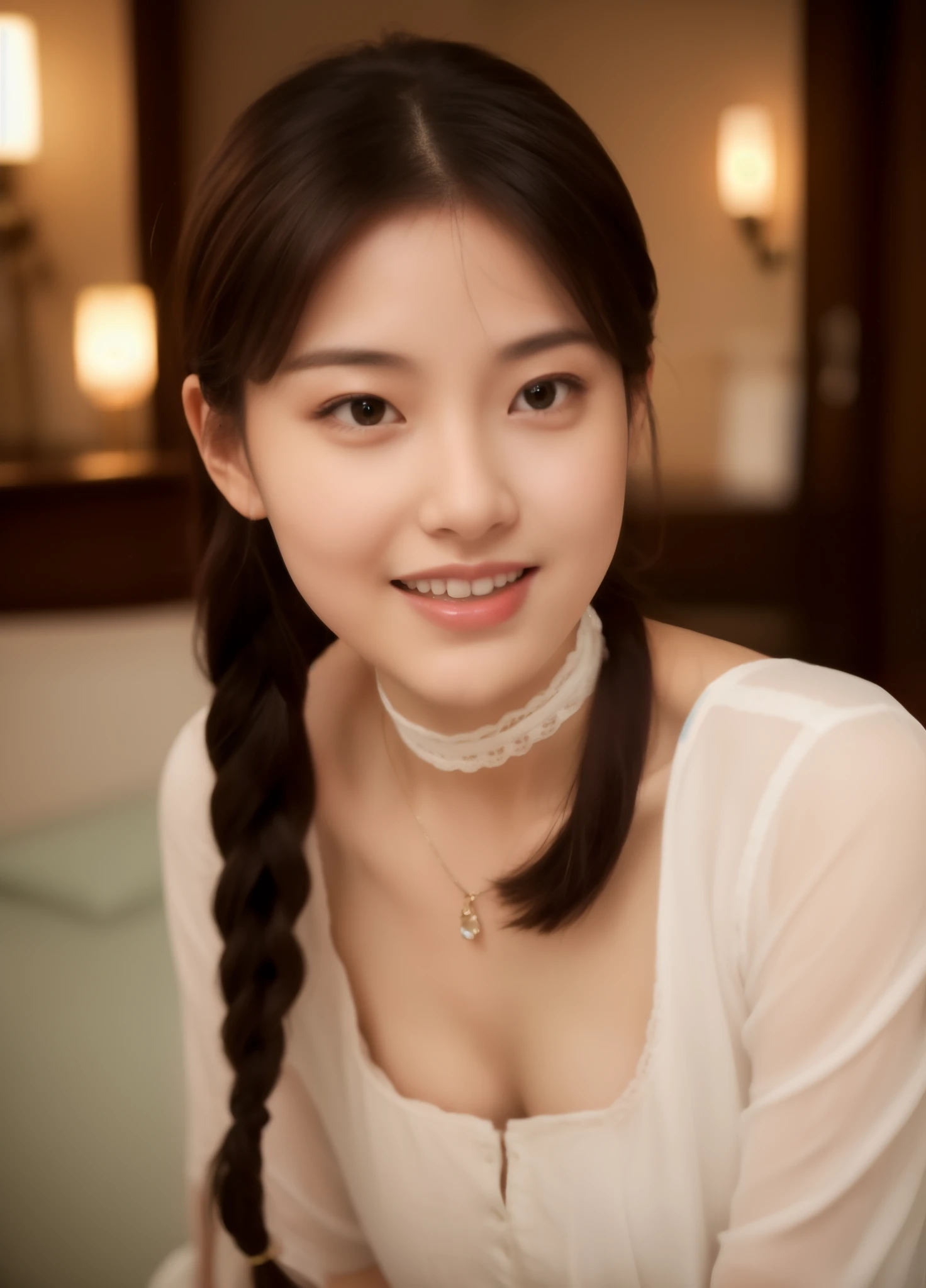 beautiful 20 year old woman. She is a little thinner than the standard figure. She is wearing a classic dress,and wear a choker around her neck. She looks ecstatic as if she had an orgasm during sex. Her dark brown hair is braided. High resolution、masterpiece、highest quality、頭w:1.0、((Hasselblad Photos))、fine skin、fine knit、(movie lighting)、clavicle . Her bustsize is B cup.