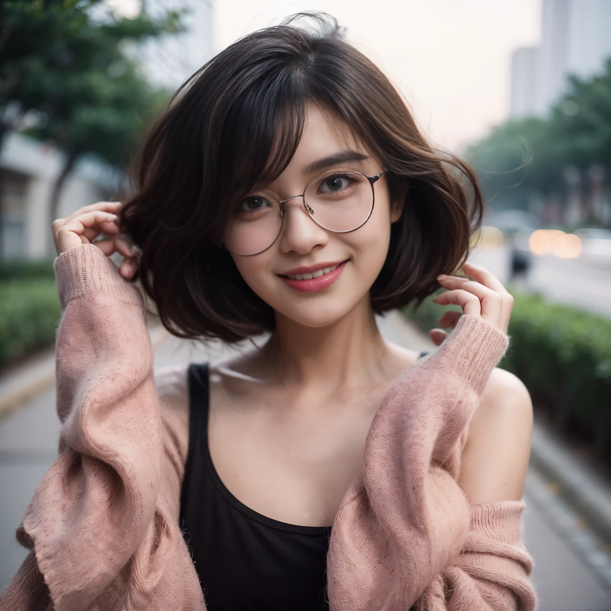 Candid film photography, a beautiful Indonesian-looking woman aged 20 years, wearing oval glasses, short wavy bob hairstyle, wearing a black tank top wrapped in an oversized pink shirt, photo pose from the right side with a smiling face, both hands shaking her hair and looking at the camera, the background is a sidewalk with green vegetation around it. bokeh, high detail, soft light, retro gradient effect, nikonz50 po, 10-20mm cropsensor lens, Ss 1/6  f 4.6  iso 100