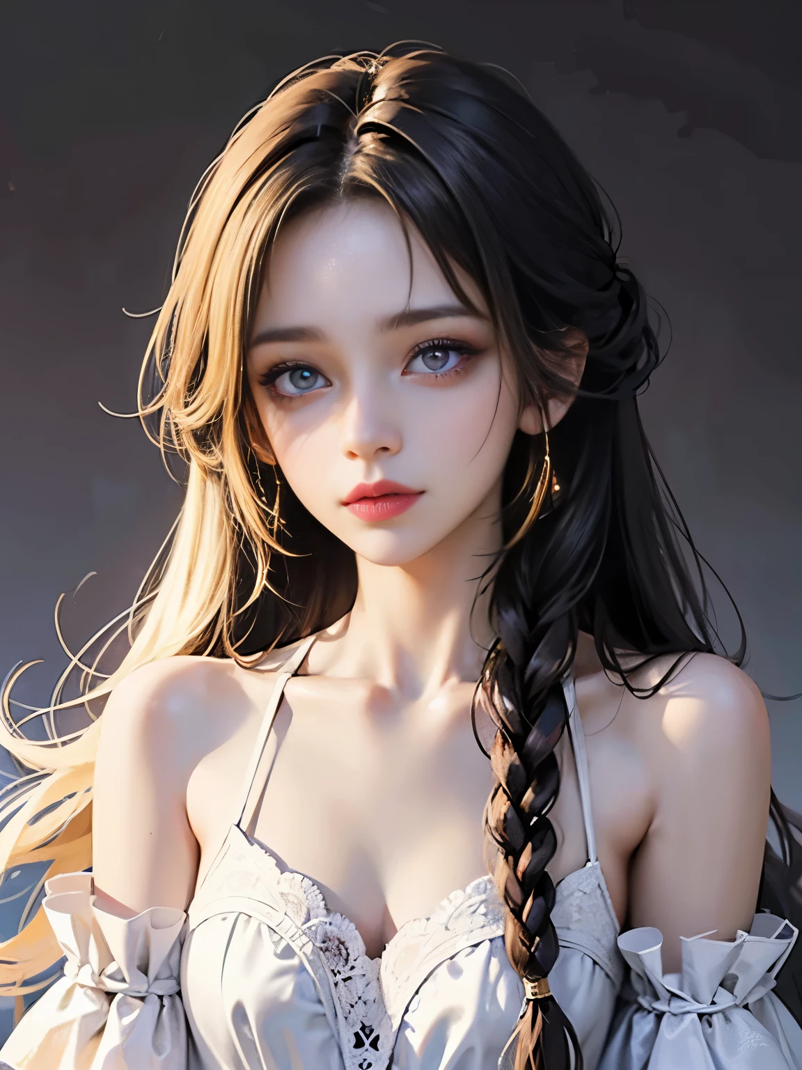 1 girl,high resolution, high quality, masterpiece, mxmk white dress, bare shoulders, purple eyes, white dress, braid，gold eye shadow，Dark red pupils，
