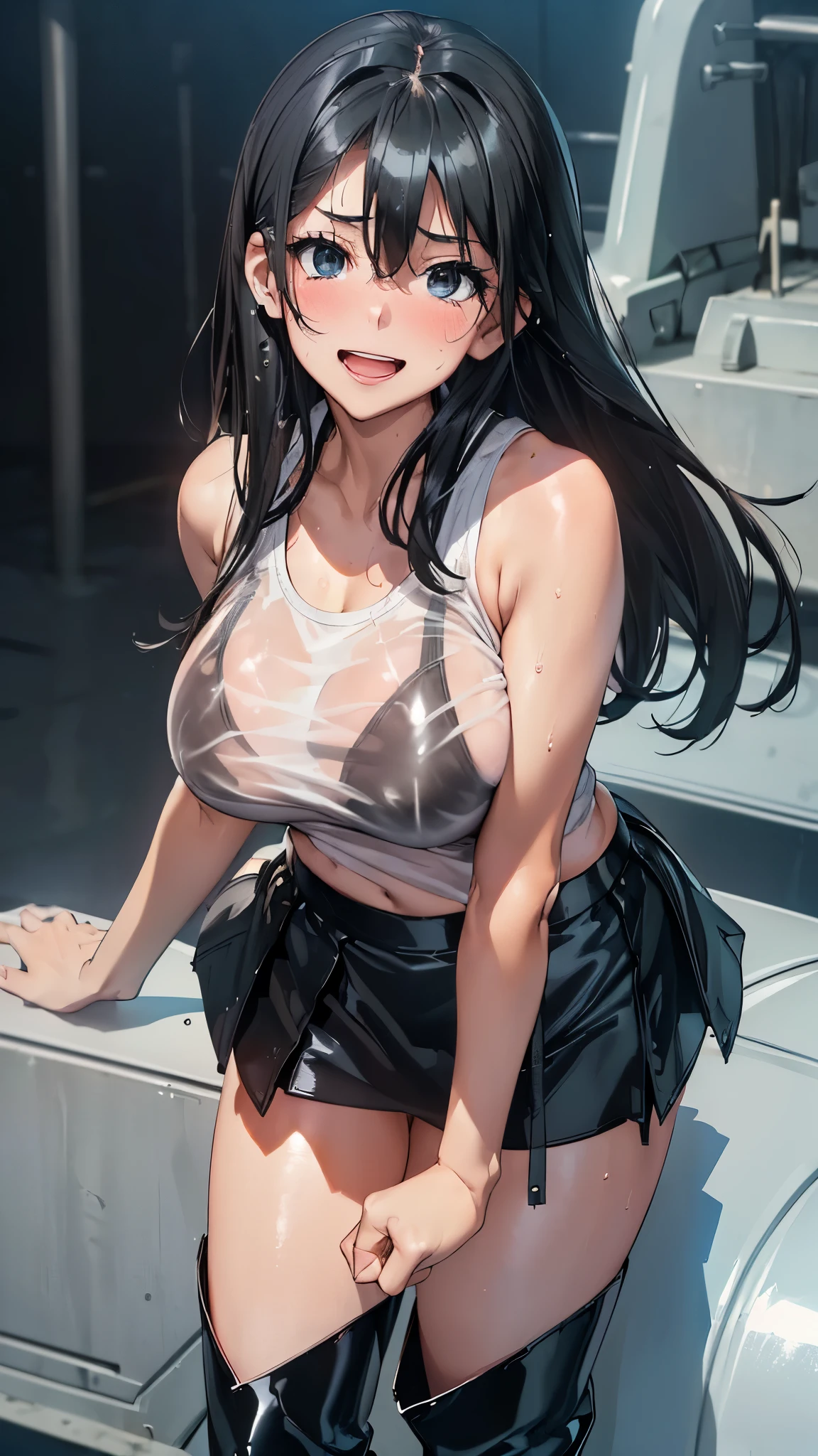 1 female,black hair,25 years old,(((blue shiny micro tight skirt)))((white tank top))(((blush、open mouth smile)),(((straight hair))),(((portrait))),crowd,,(wet with sweat)((sexy black bra and see-through tank top))(leather thigh high boots)(((big breasts)))