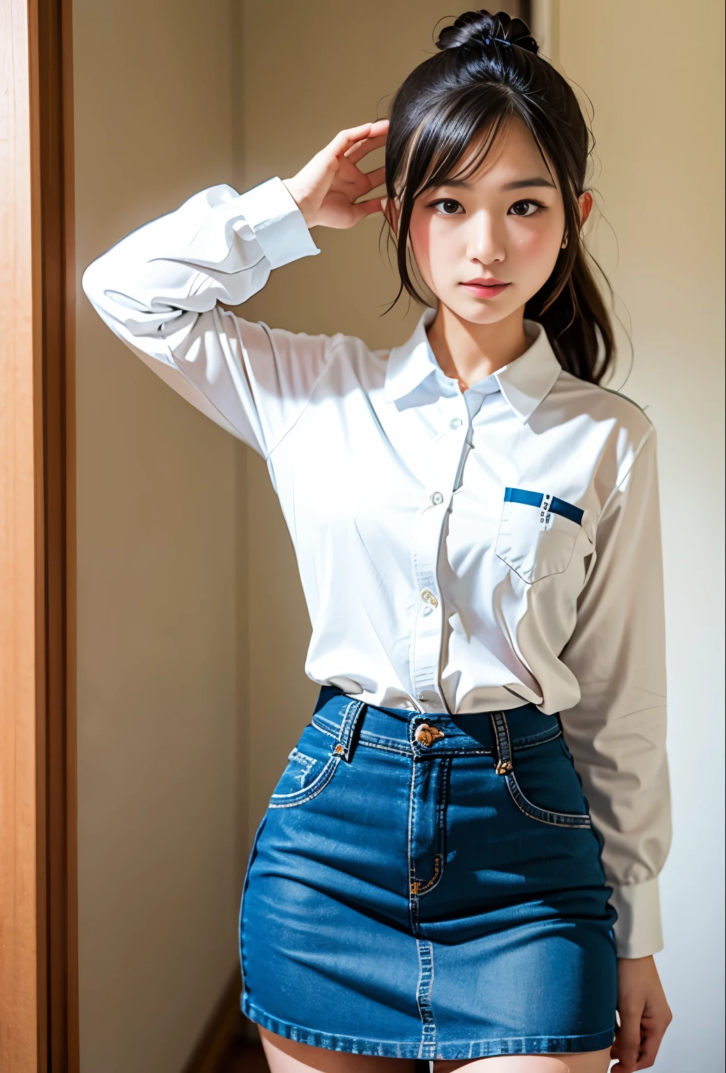 real photos、Highest image quality、beautiful woman、beautiful thighs、beautiful face、real image、federal army uniform miniskirt、ponytail、Yuriko Yoshitaka、16age日本人女性、Frau Bow、cute girl、white pantiesが丸見え、1６age、（white panties:1.3）、super mini skirt、beautiful thighs、white panties、赤いミニスカートがめくれてwhite pantiesが見えてる